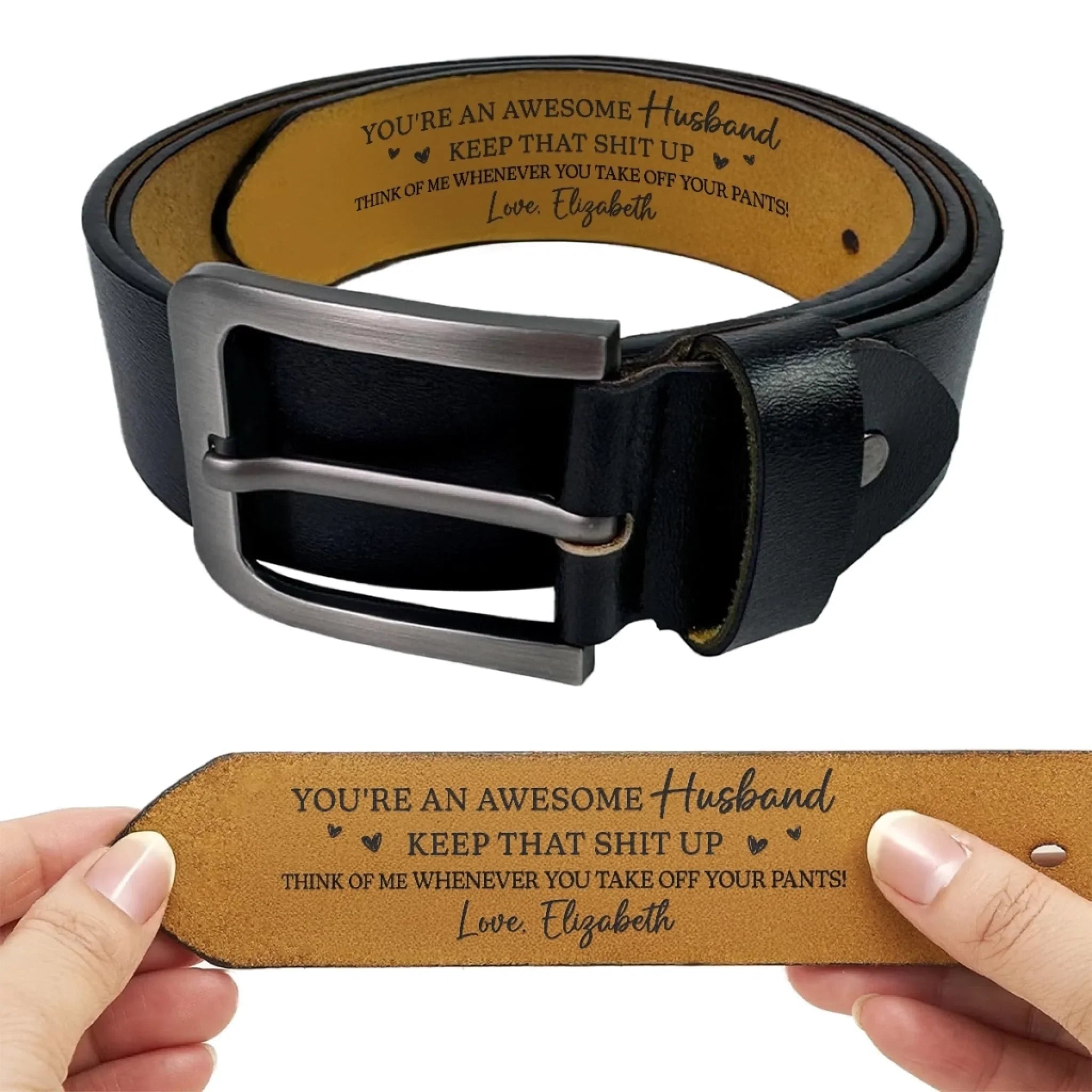 Custom Engraved Leather Belt - Personalized Anniversary Wedding Gifts For Husband And Wife, Him And Her - Two Hearts Growing Side By Side