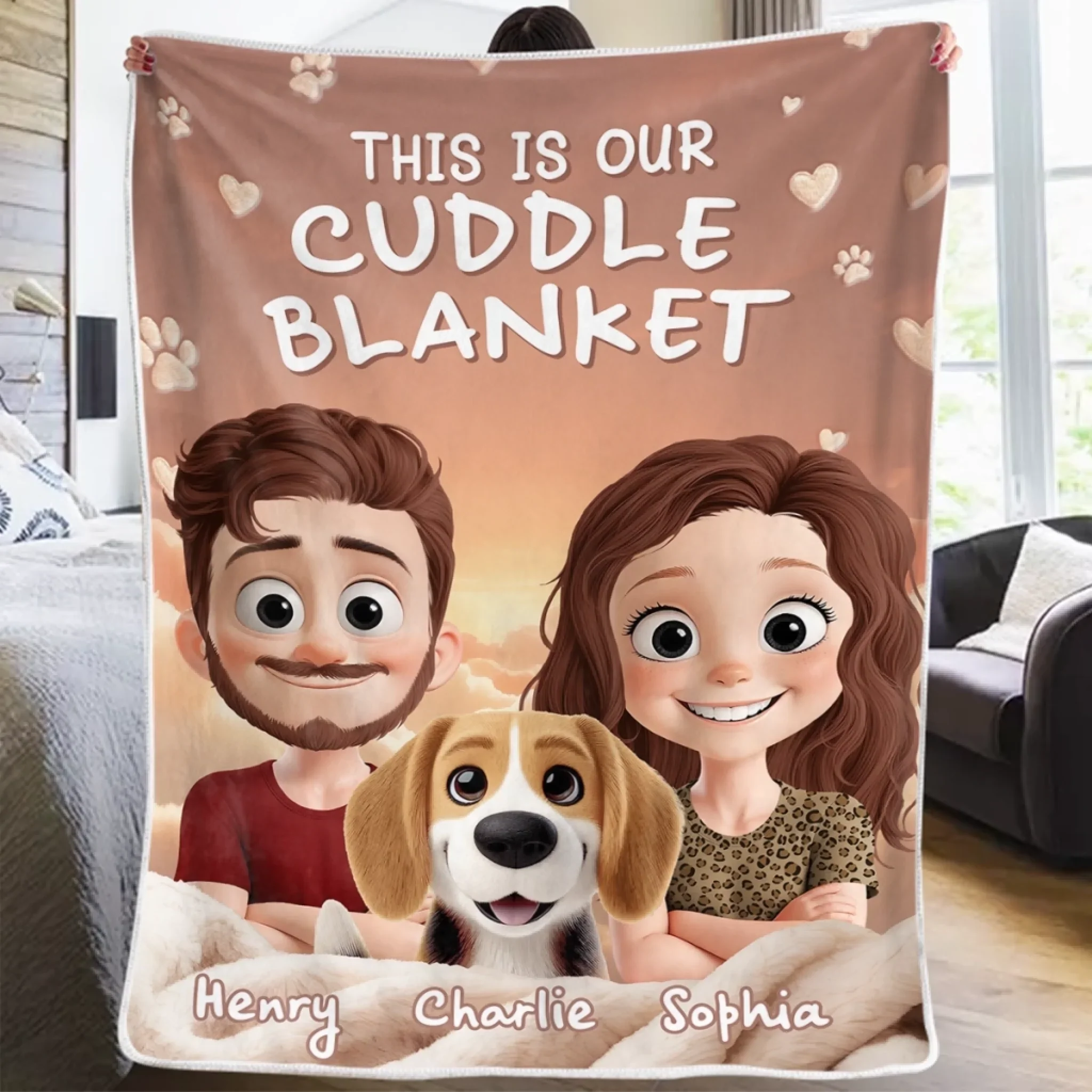 Custom Blanket - Personalized Birthday Gifts For Husband And Wife, Dog Cat Lovers - Love Laughter And Paw Prints