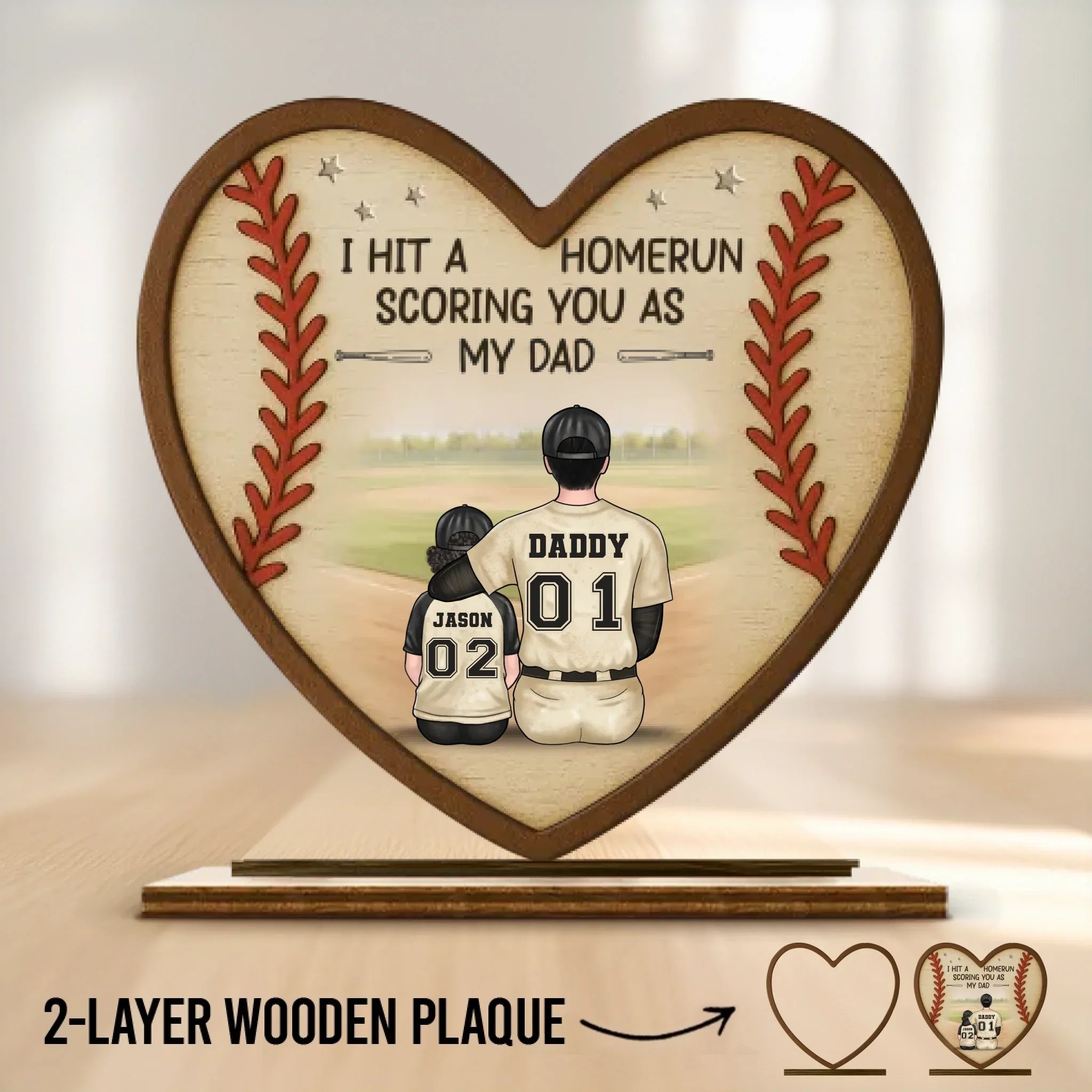 We Hit A Homerun Scoring You As Our Dad - Family Personalized Custom Shaped 2-Layered Wooden Plaque With Flat Stand - Father's Day, House Warming Gift For Dad, Sport Lovers, Sport Players
