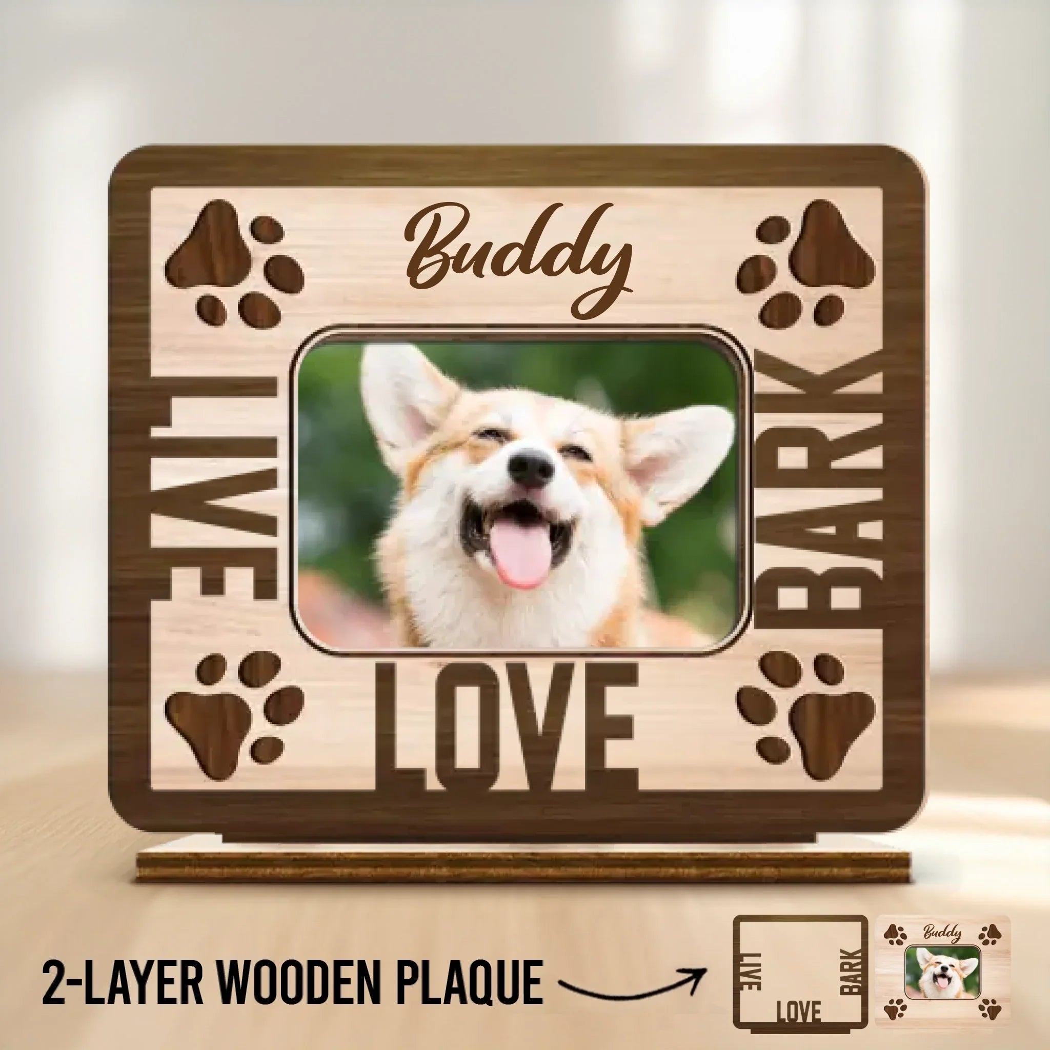 Custom Photo Happiness Is A Warm Puppy - Dog & Cat  Personalized Custom Shaped 2-Layered Wooden Plaque With Flat Stand - House Warming Gift For Pet Owners, Pet Lovers