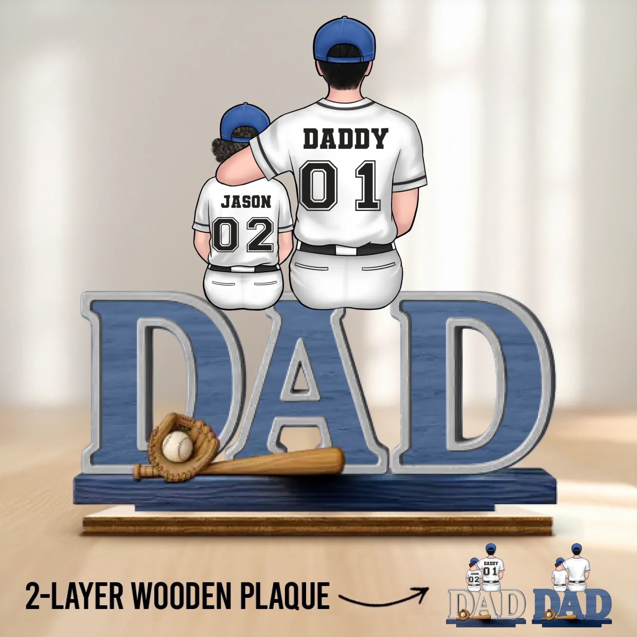 Dad, You’re Our Home Run - Family Personalized Custom Shaped 2-Layered Wooden Plaque With Flat Stand - Father's Day, House Warming Gift For Dad, Sport Lovers, Sport Players