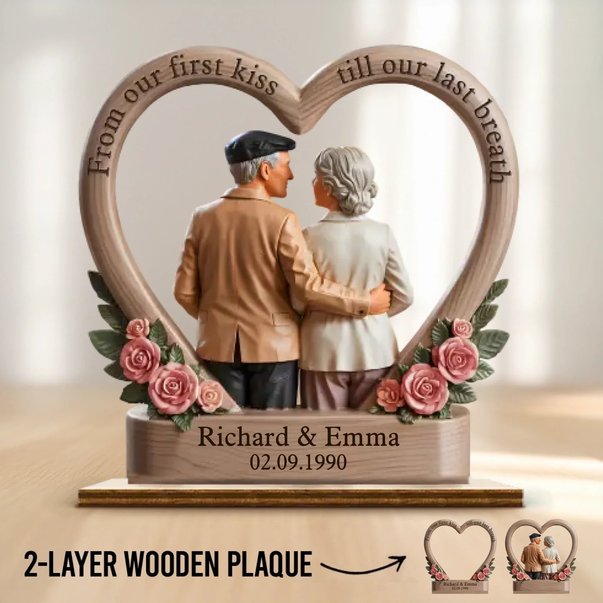 From Our First Kiss Till Our Last Breath - Couple Personalized Custom Shaped 2-Layered Wooden Plaque With Flat Stand - House Warming Gift For Husband Wife, Anniversary