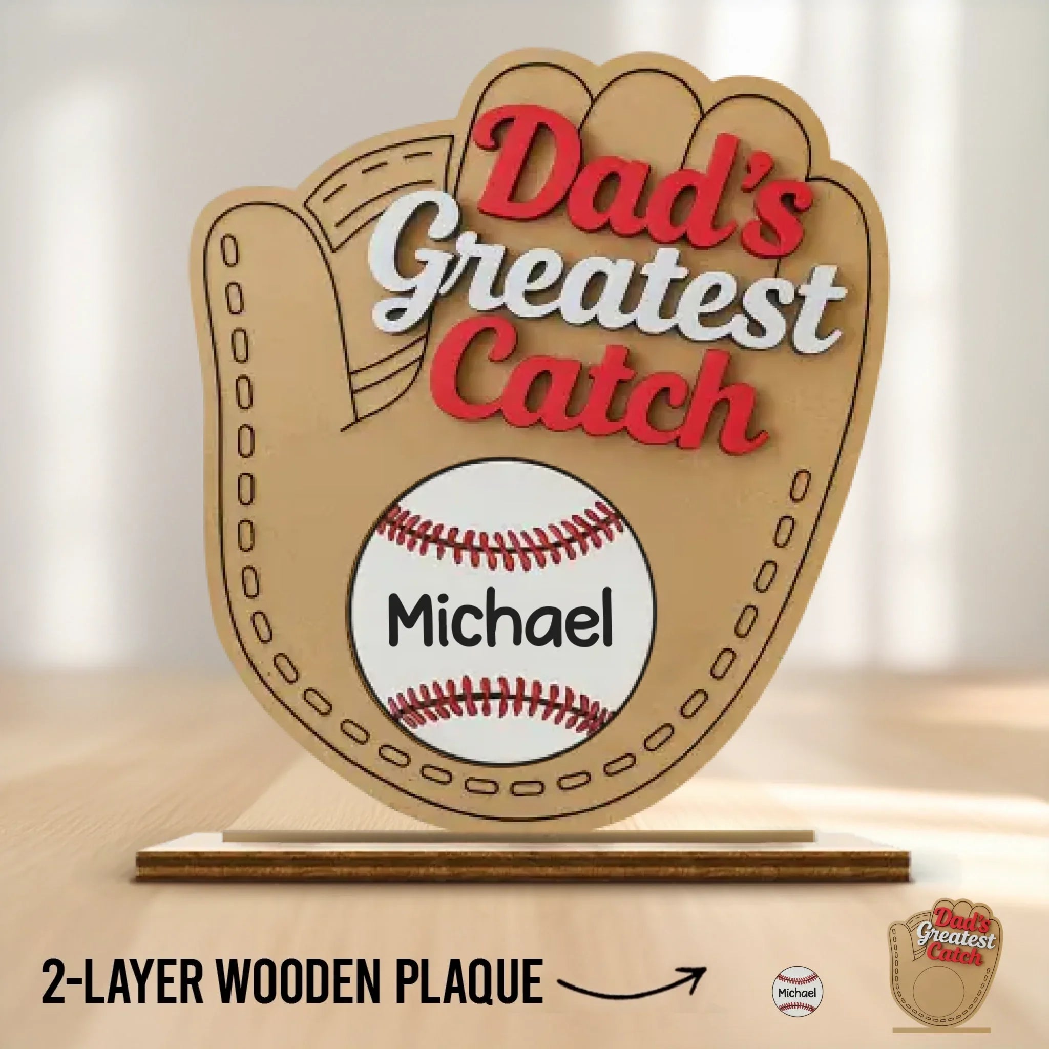 Dad's Greatest Catch - Family Personalized Custom Shaped 2-Layered Wooden Plaque With Flat Stand - Father's Day, House Warming Gift For Dad, Sport Lovers, Sport Players