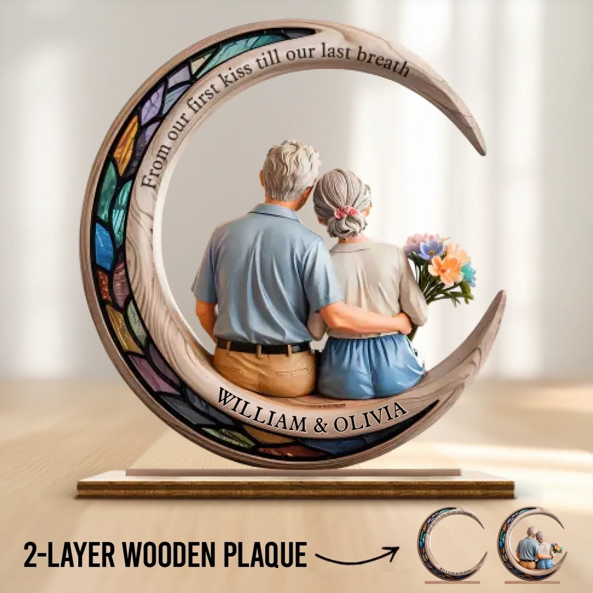 I Love You To The Moon & Back - Couple Personalized Custom Shaped 2-Layered Wooden Plaque With Flat Stand - House Warming Gift For Husband Wife, Anniversary
