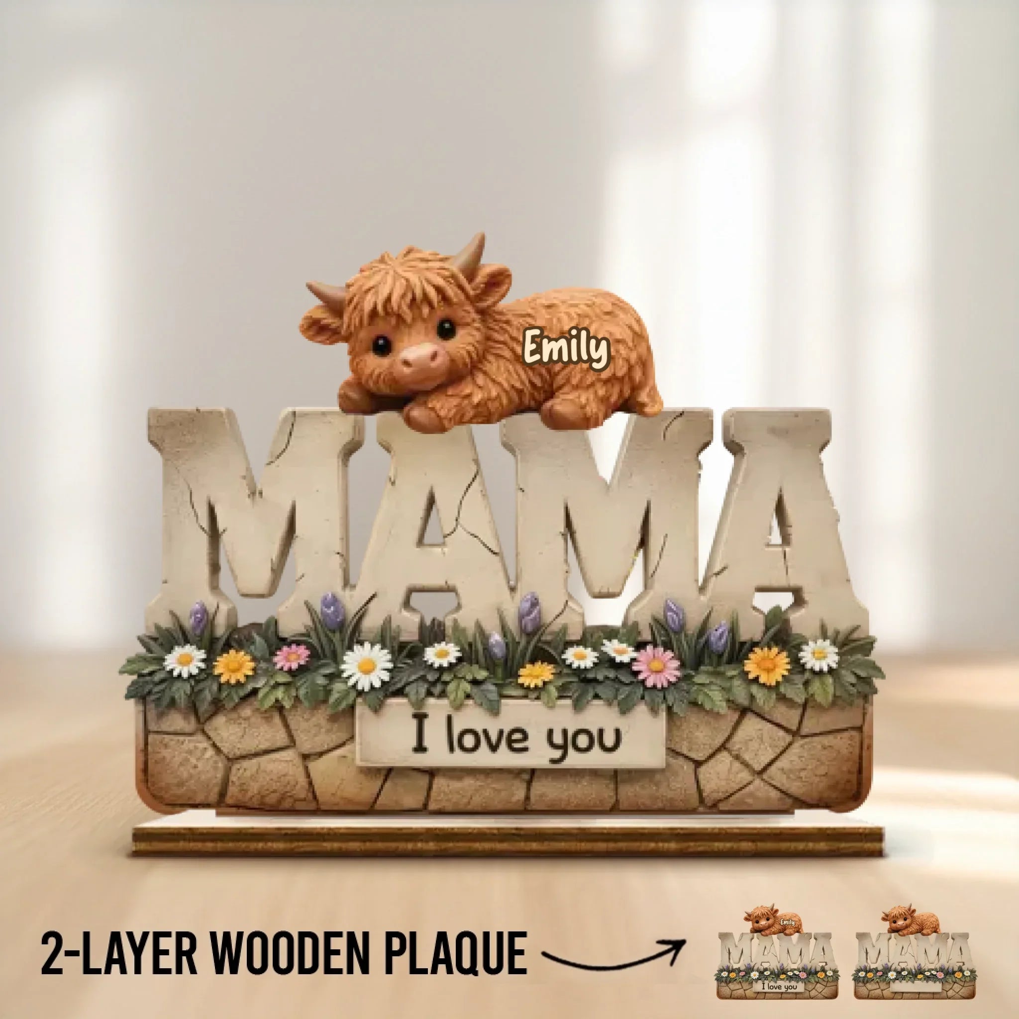 Moo-Made With Love - Family Personalized Custom Shaped 2-Layered Wooden Plaque With Flat Stand - Mother's Day, House Warming Gift For Mom