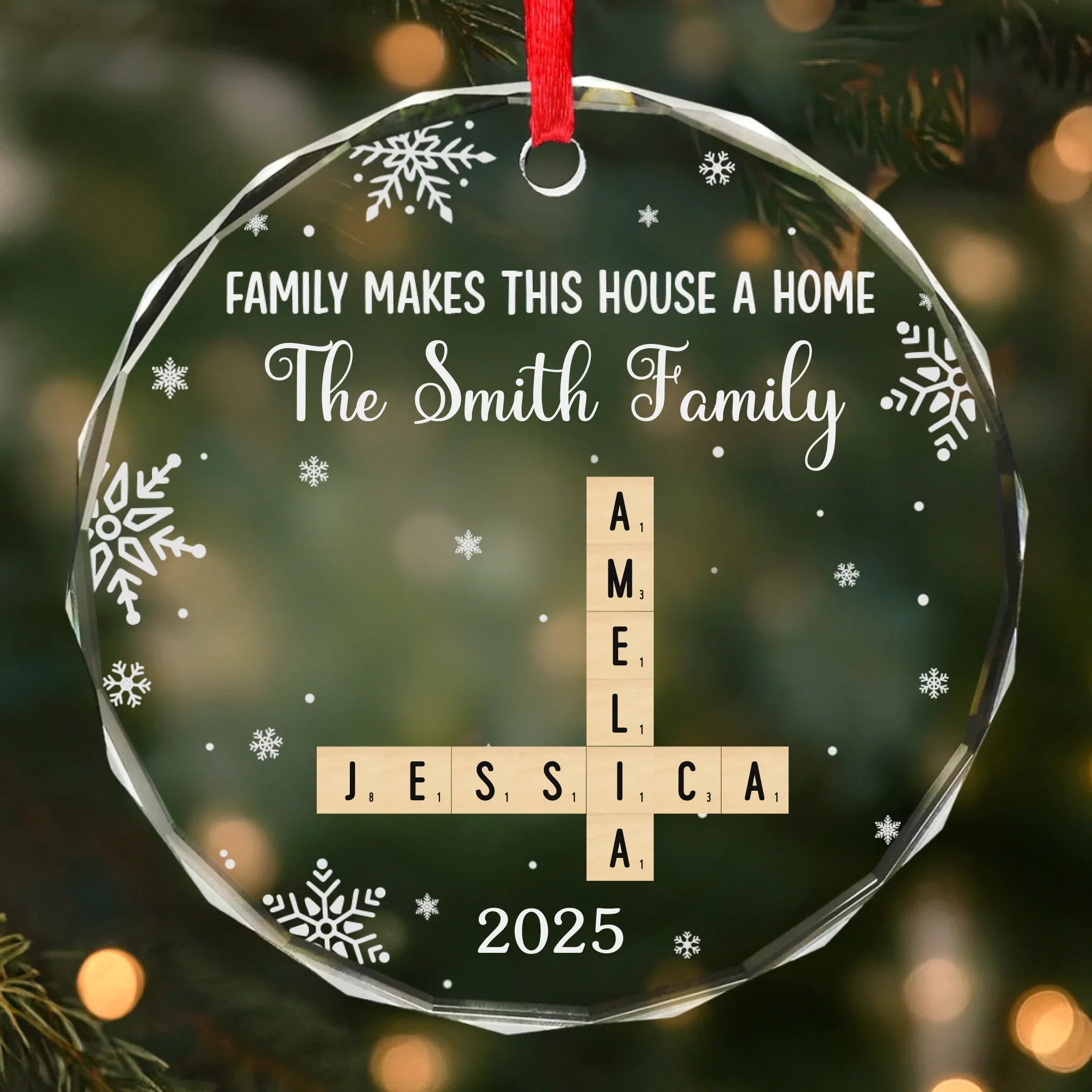 Custom Scrabble Circle Glass Ornament -   Personalized Christmas Birthday Gifts For Mom, Dad, Brother, Sister, Kids - Home Built With Shared Love