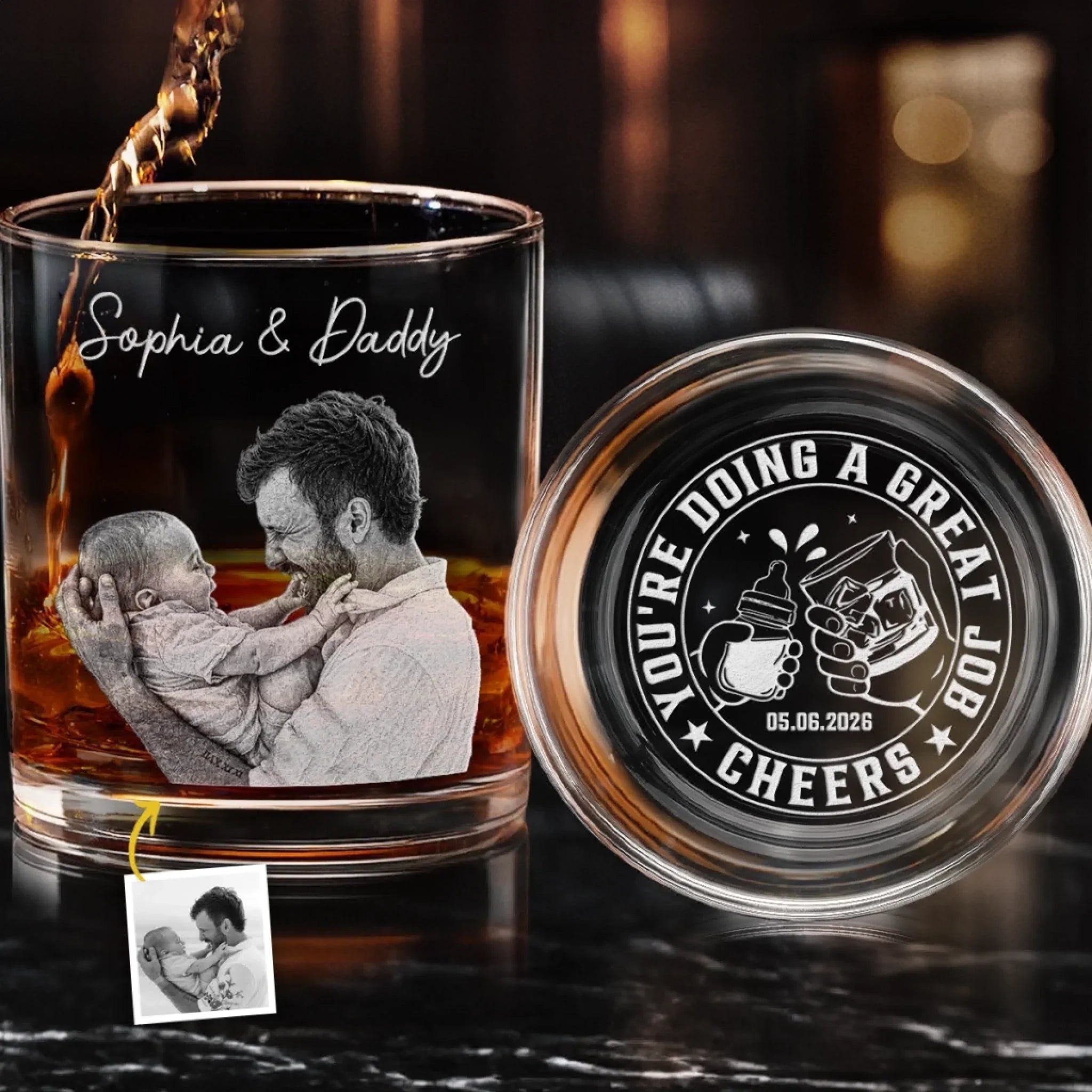 Custom Photo Whiskey Glass With Bottom And Side Engraving - Personalized Father's Day Gifts For New Dad, Grandpa, Wine, Bourbon, Whiskey Lovers - You Are Doing A Great Job