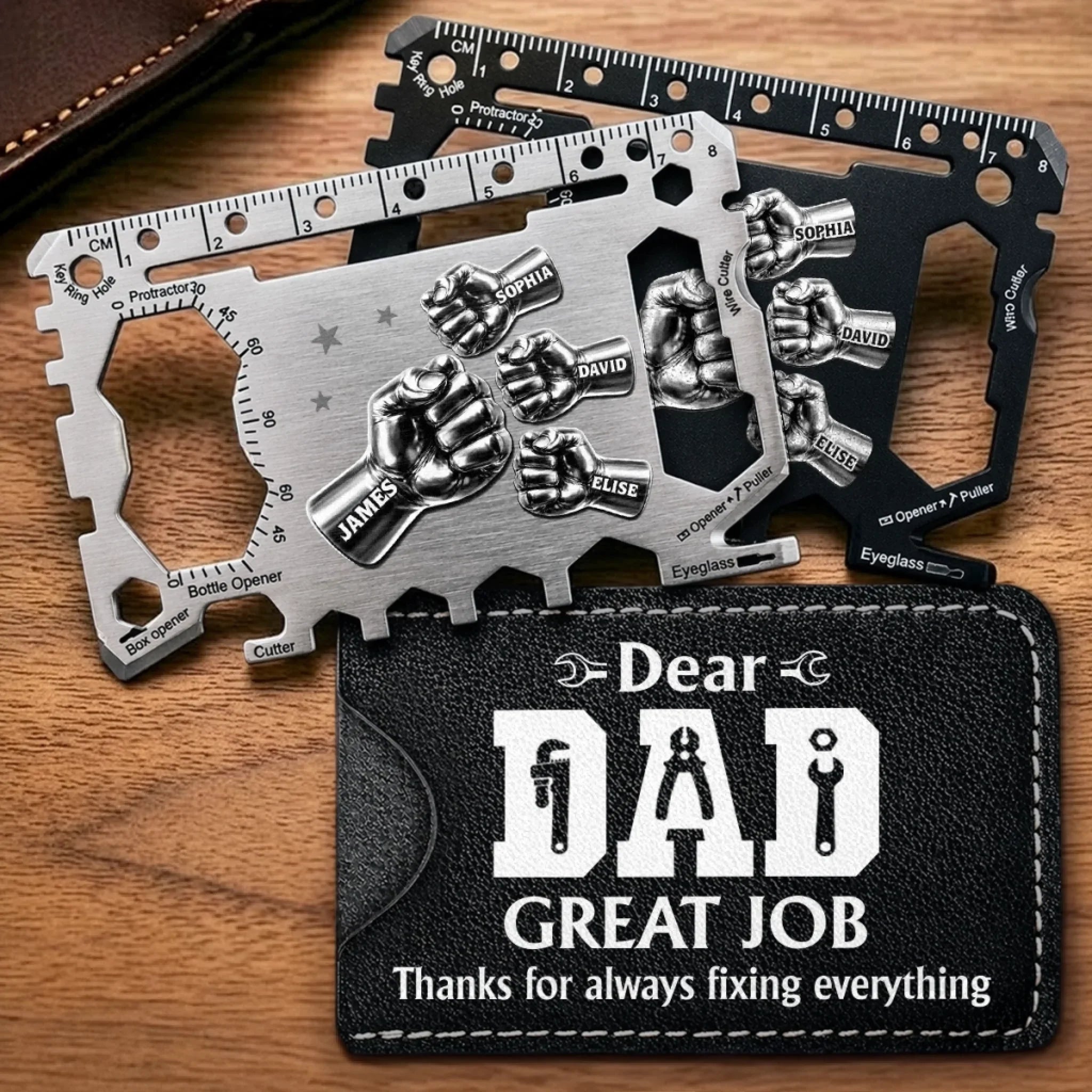 Custom Multi Tool Card With Leather Case - Personalized Father's Day Birthday Gifts For Dad, Grandpa - Built With Love And Strength