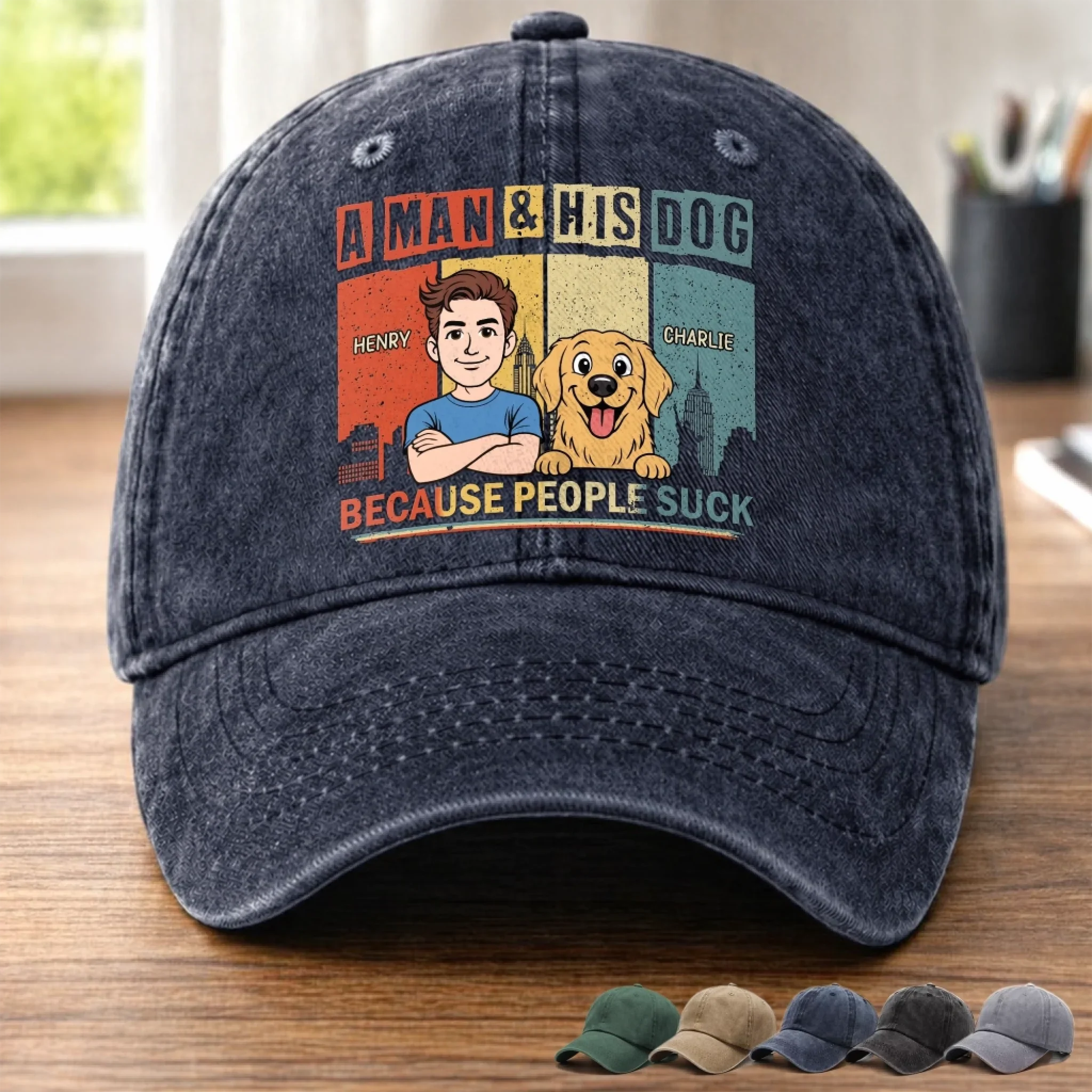Custom Vintage Washed Denim Baseball Cap - Personalized Father's Day Gifts For Dog Lovers, Dog Dad And Mom - Life’s Better With A Dog Sidekick