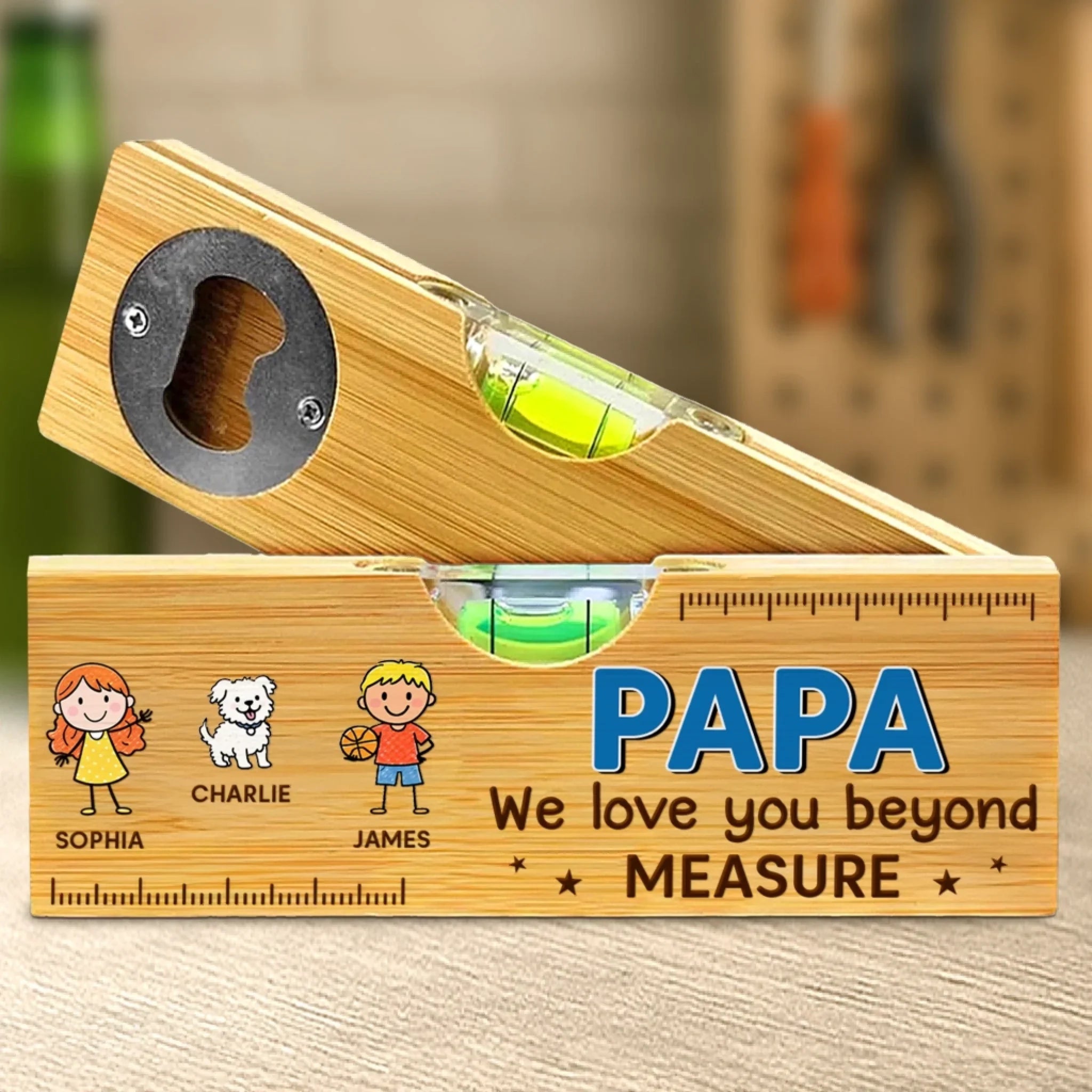 Custom Wooden Bottle Opener With Built-in Spirit Level - Personalized Father's Day Birthday Gifts For Dad, Grandpa - The Heart Of The Family