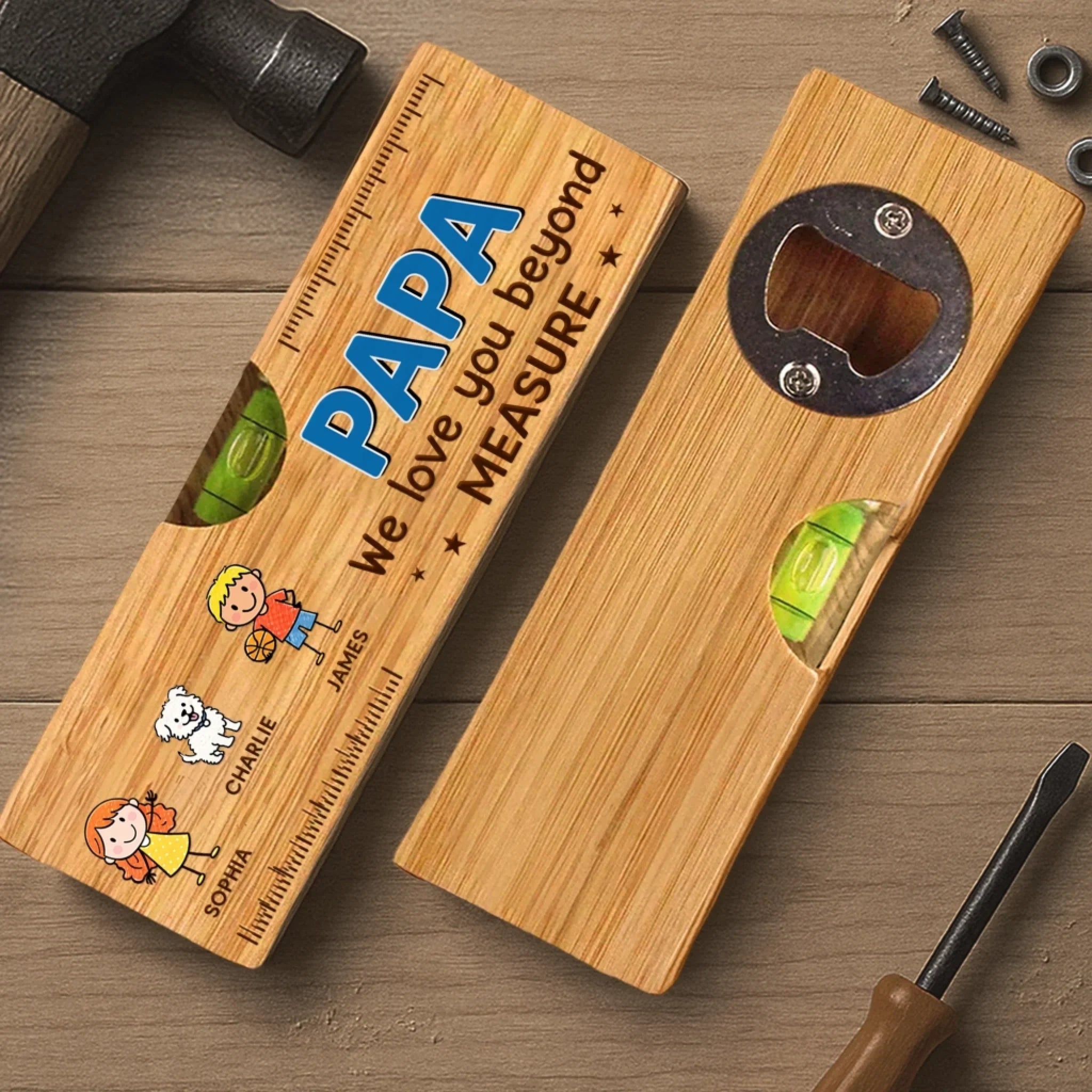 Custom Wooden Bottle Opener With Built-in Spirit Level - Personalized Father's Day Birthday Gifts For Dad, Grandpa - The Heart Of The Family