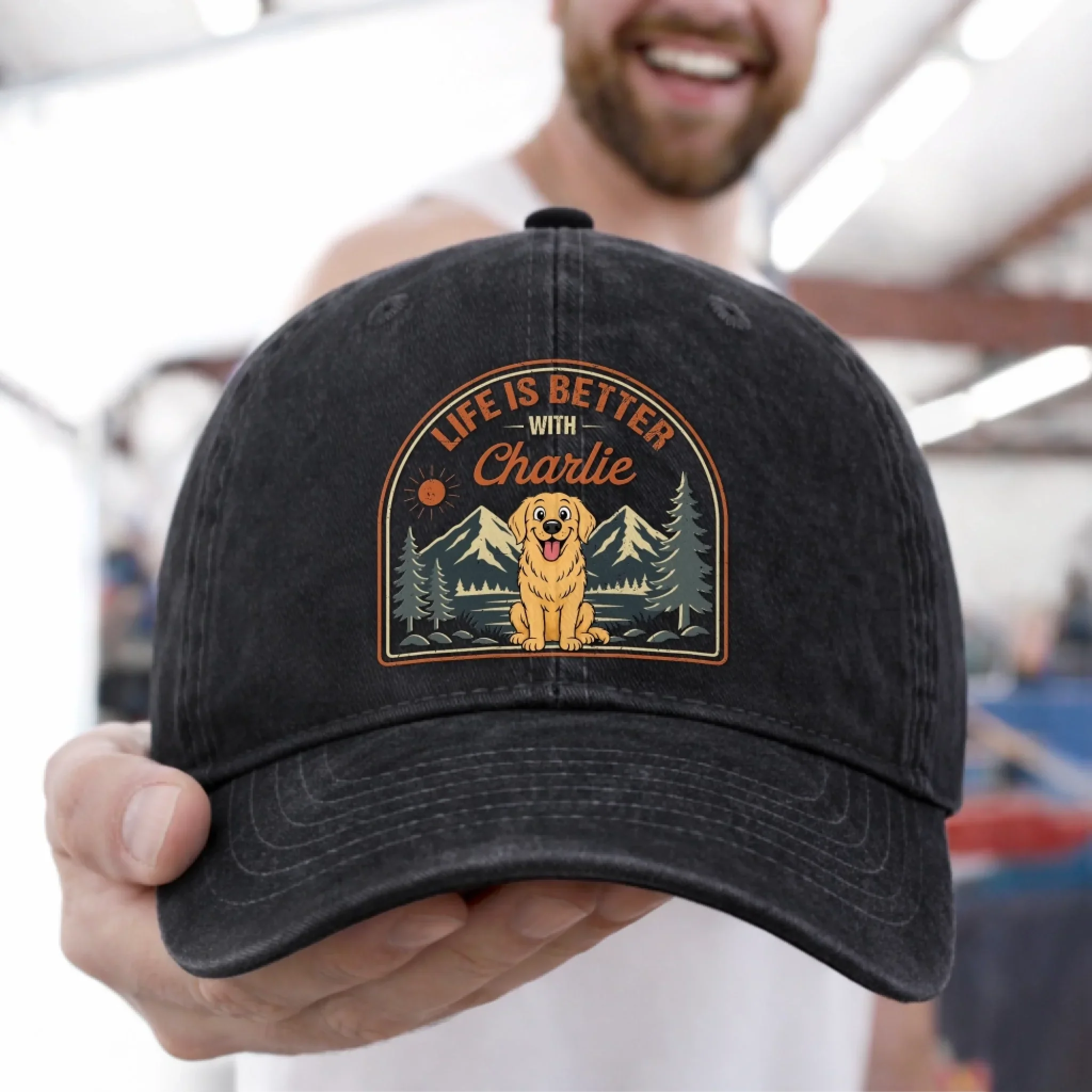 Custom Vintage Washed Denim Baseball Cap - Personalized Father's Day Gifts For Dog Lovers, Dog Dad And Mom - Dog Walks, Mountain Talks