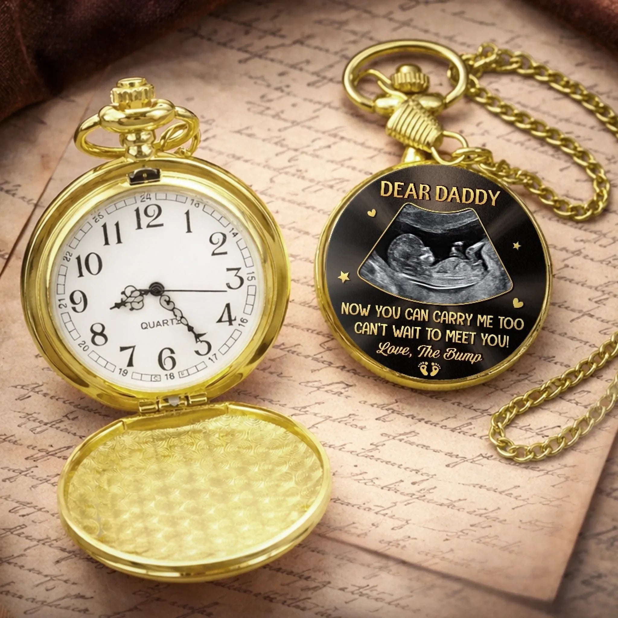 Custom Photo Pocket Watch - Personalized Father's Day, Baby Shower, Gender Reveal Gifts For New Dads, Grandpas - Love At First Ultrasound