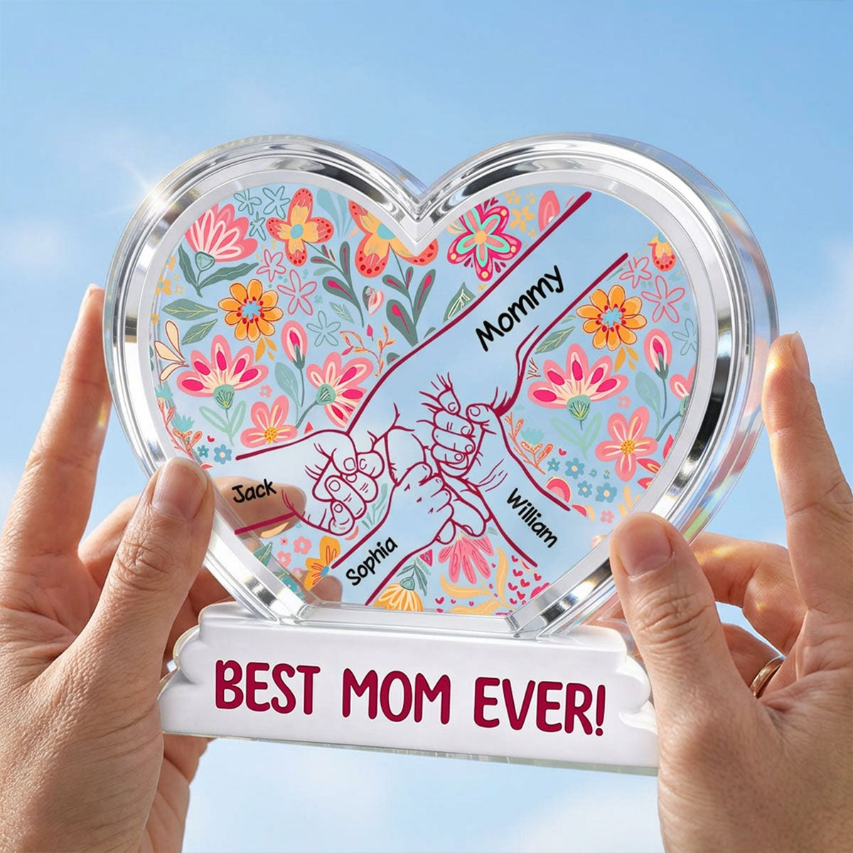 Kids Holding Hand Floral Boho 2D Flat - Personalized Acrylic Block Plaque - Mother's Day Gift For Mom Grandma