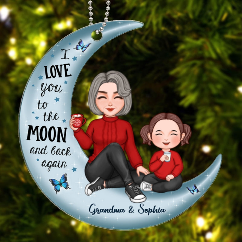 Cute Grandma & Grandkid On Moon Personalized Acrylic Ornament, Birthday Gift, Anniversary Gift [Grandma's nickname can be changed]