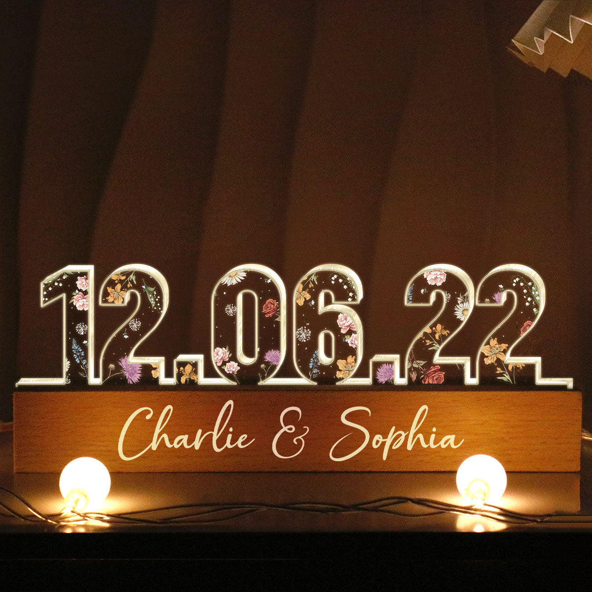 Custom Flower Printed LED Night Light, Couple Engagement Anniversary Date, Gift for her, Gift for him
