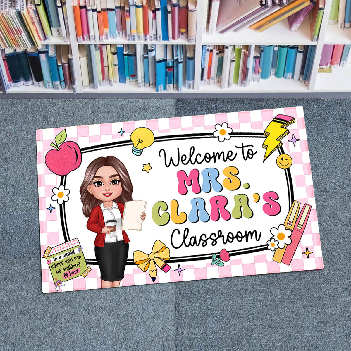 Teacher Checkered Pattern Welcome To Classroom Personalized Doormat| Back To School Gift, Classroom Decoration