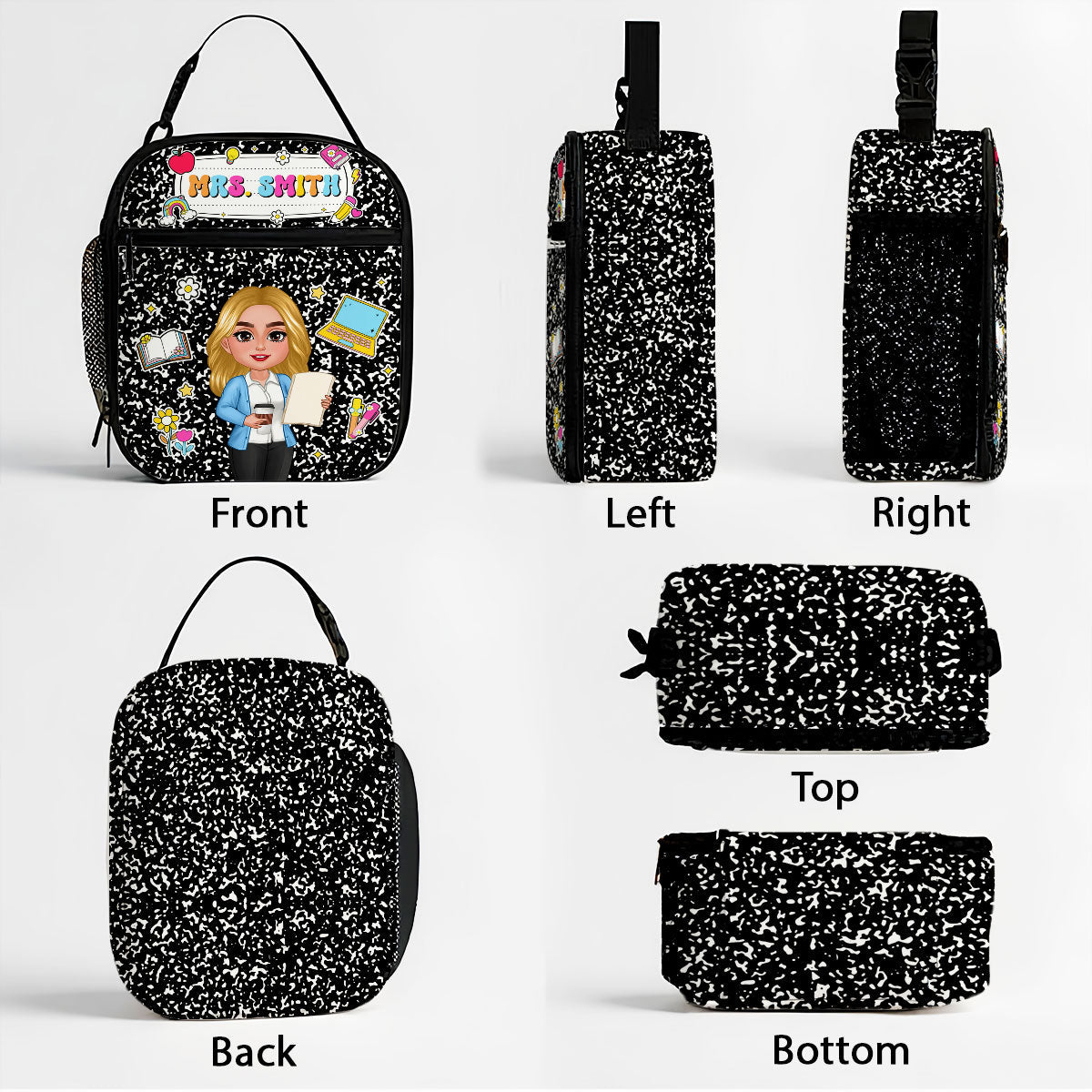 Teacher Composition Book Pattern Personalized Insulated Lunch Bag, Back To School Gift For Teacher