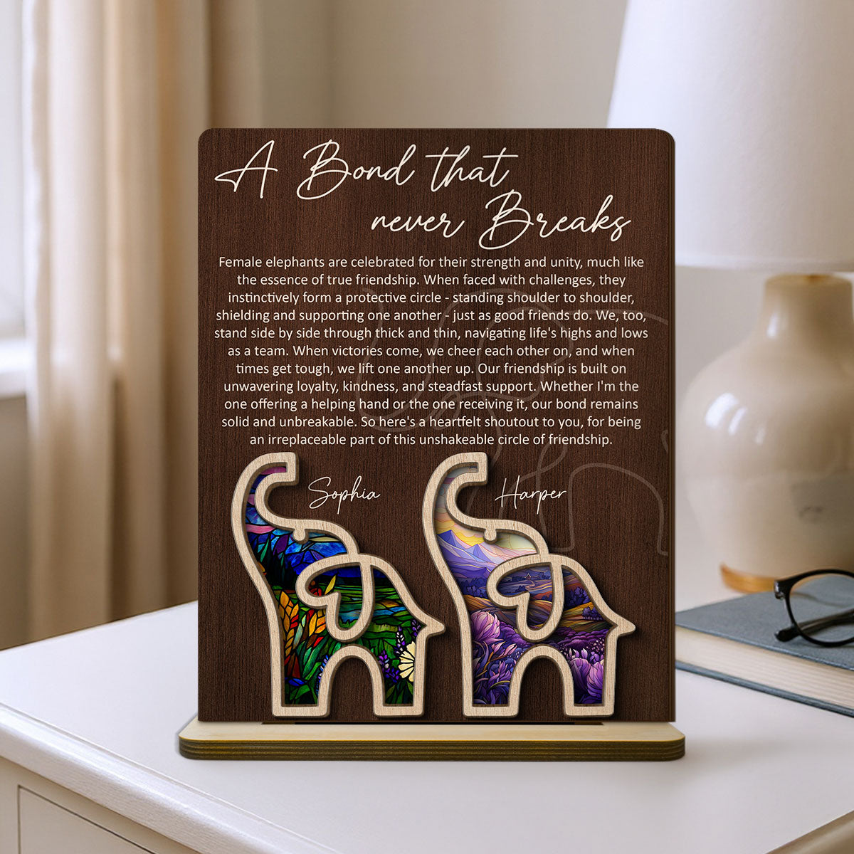Elephant Friendship Story Besties Special Bond Personalized 2-Layer Standing Wooden Plaque, Birthday Gift, Friendship Gift For Best Friends