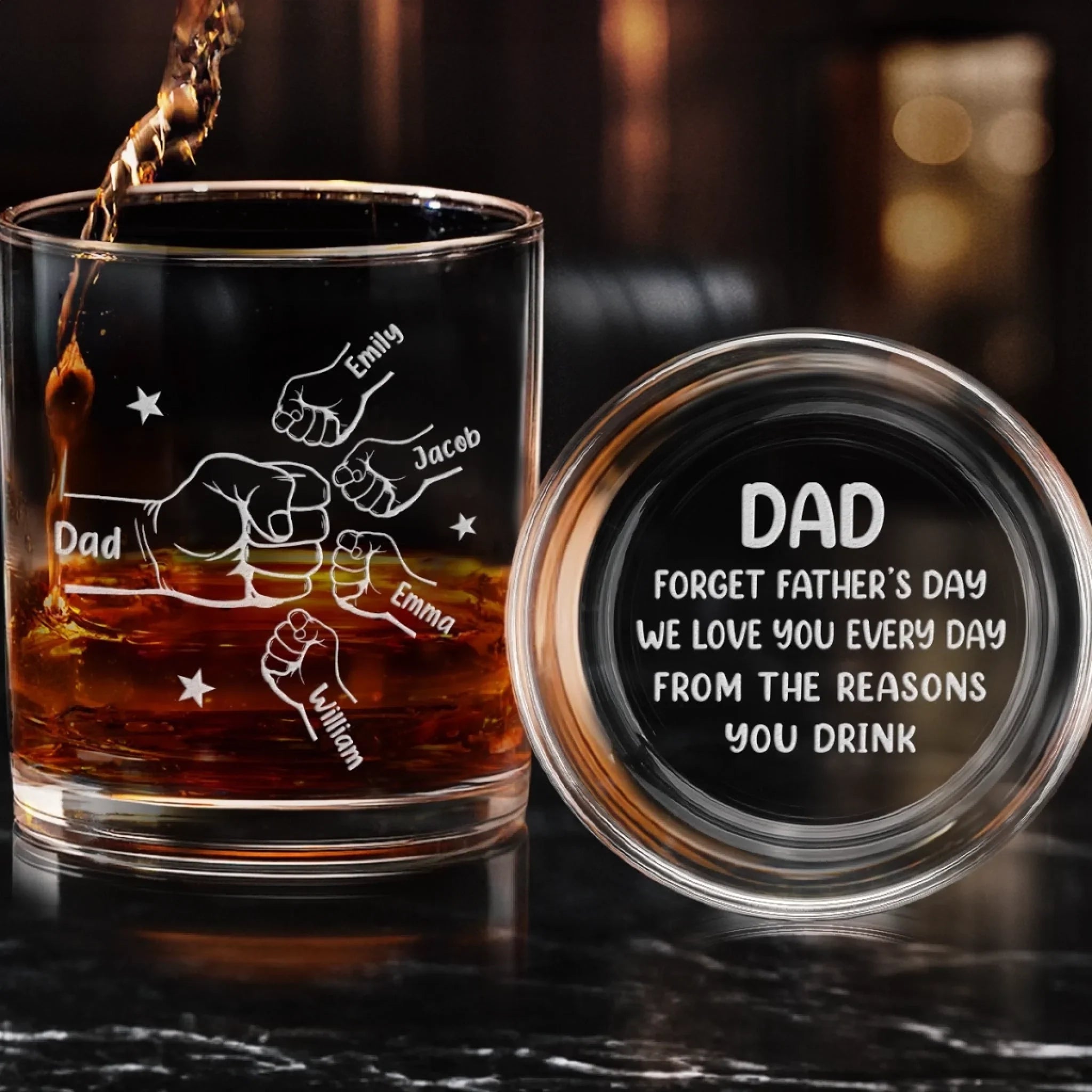 Custom Whiskey Glass With Bottom And Side Engraving - Personalized Father's Day Birthday Gifts For Dad, Grandpa, Wine, Bourbon, Whiskey Lovers - One Sip Closer To Happy