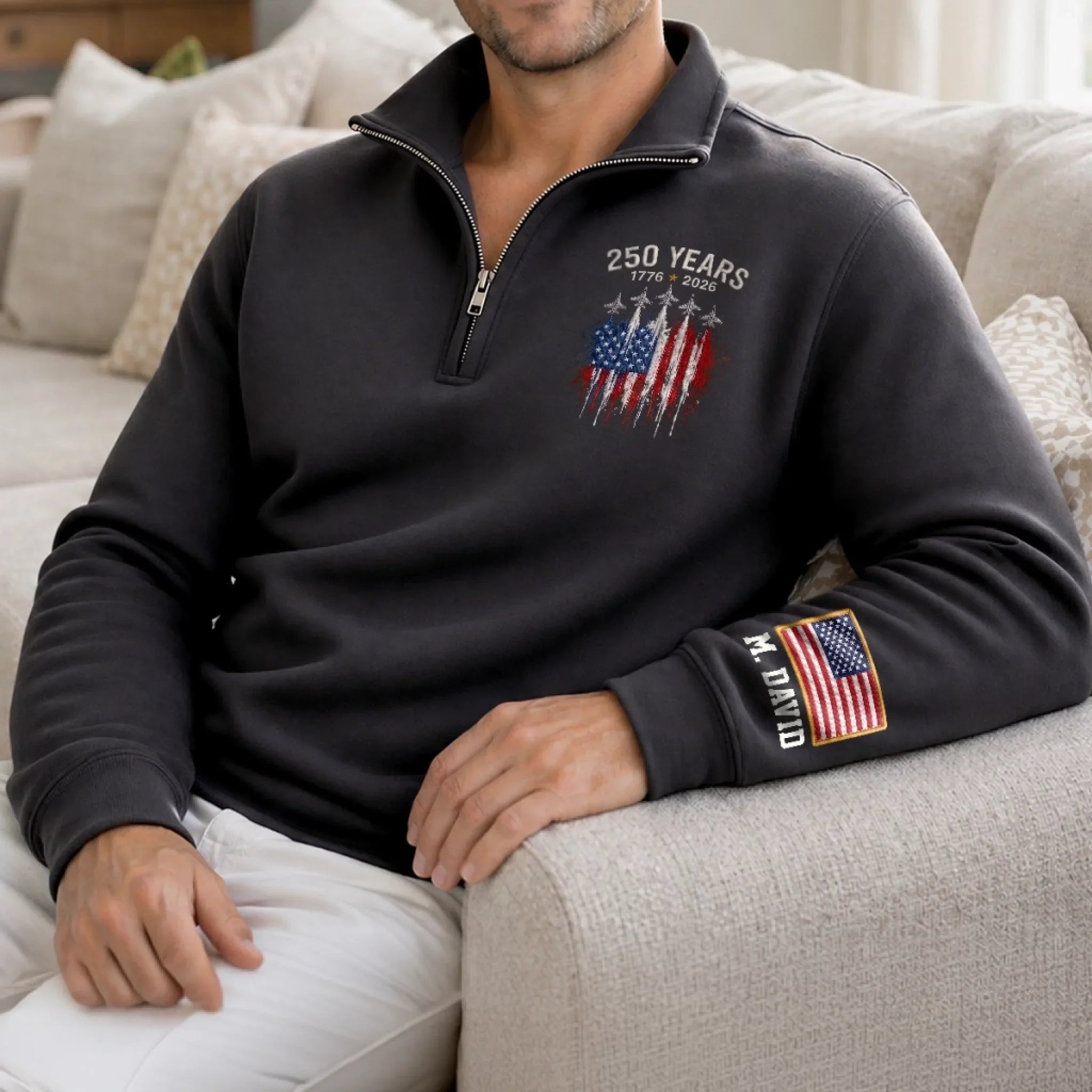 Custom Unisex Quarter Zip Sweatshirt - Personalized America 250th Anniversary Gifts For Mom, Dad, Brother, Sister, Kids - Vintage Patriot Spirit
