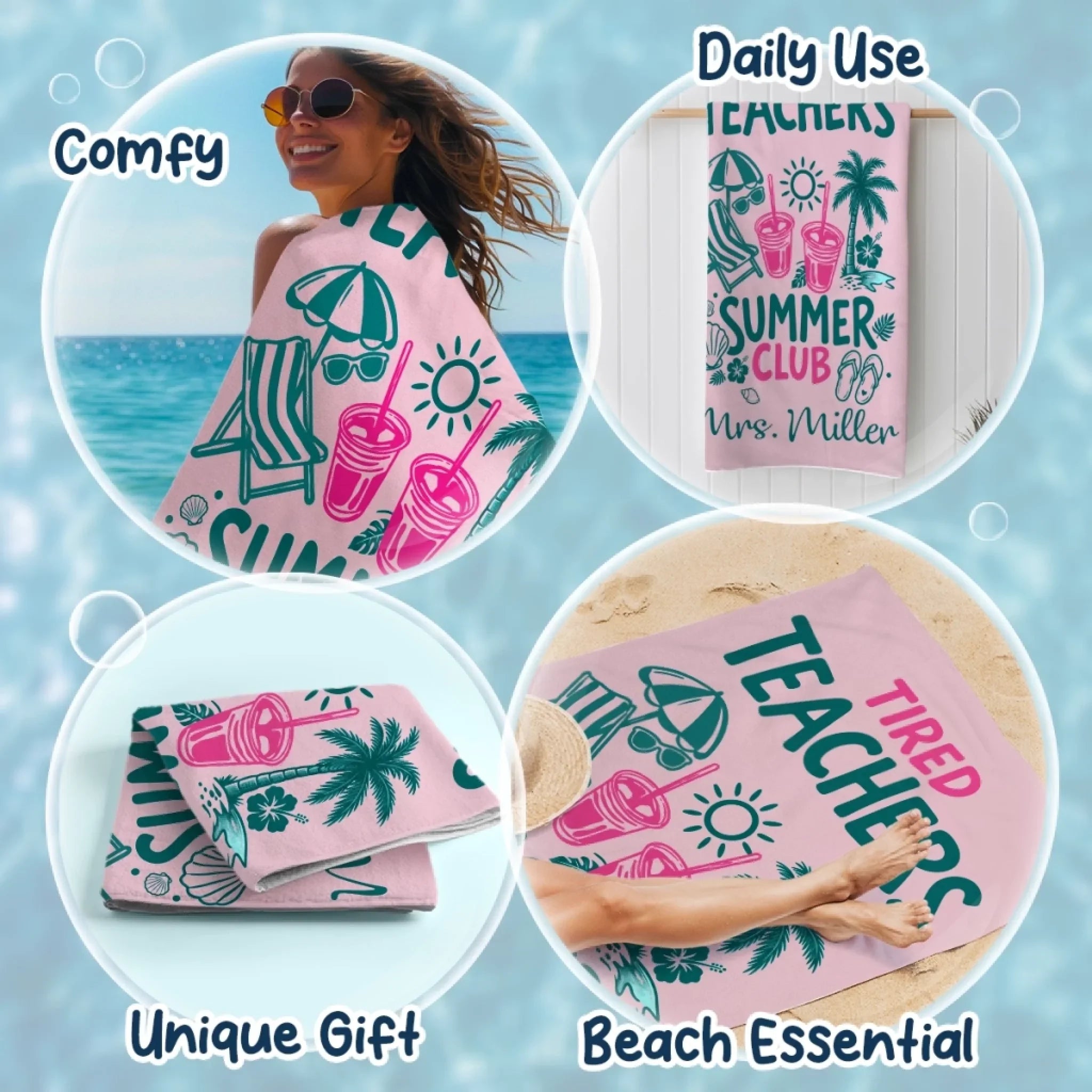 Custom Beach Towel - Personalized Summer Vacation And Travel Gifts For Teachers - Tired Teacher Summer Club