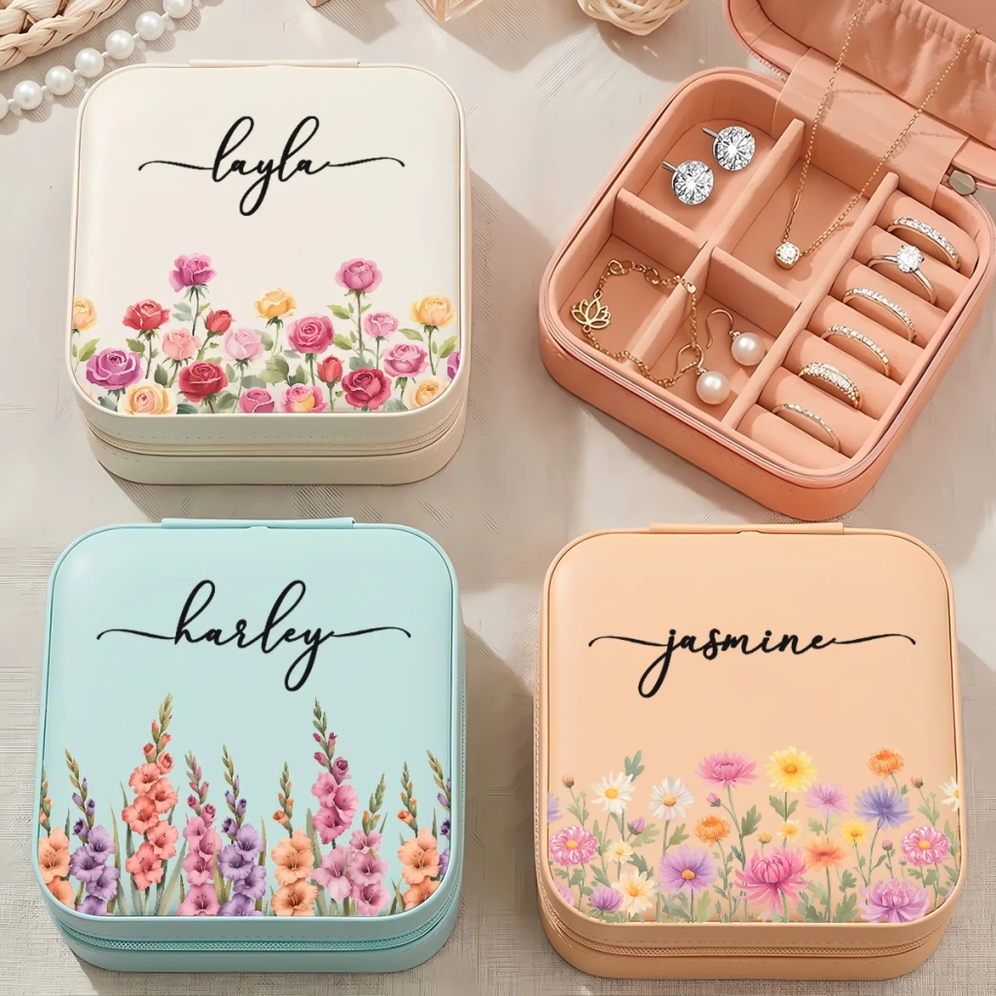 Custom Square Jewelry Case - Personalized Best Friend Birthday Gifts For Women, Besties, Sisters, BFF - Petals, Pearls And Pretty Things