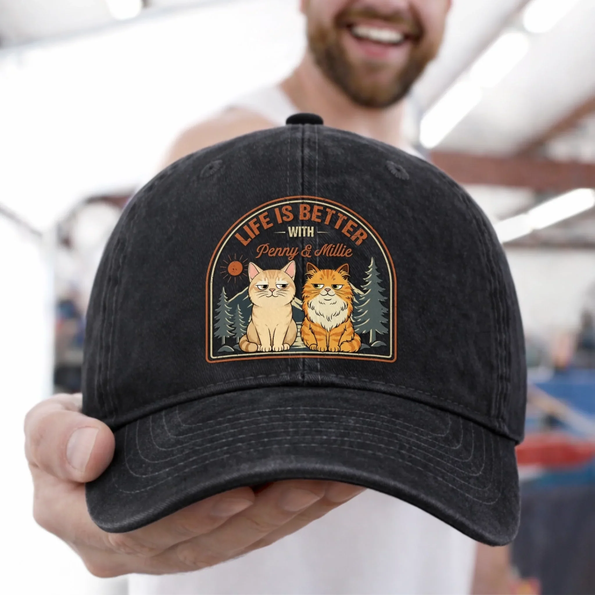 Custom Vintage Washed Denim Baseball Cap - Personalized Father's Day Gifts For Cat Lovers, Cat Mom And Dad - Living The Pawfect Life
