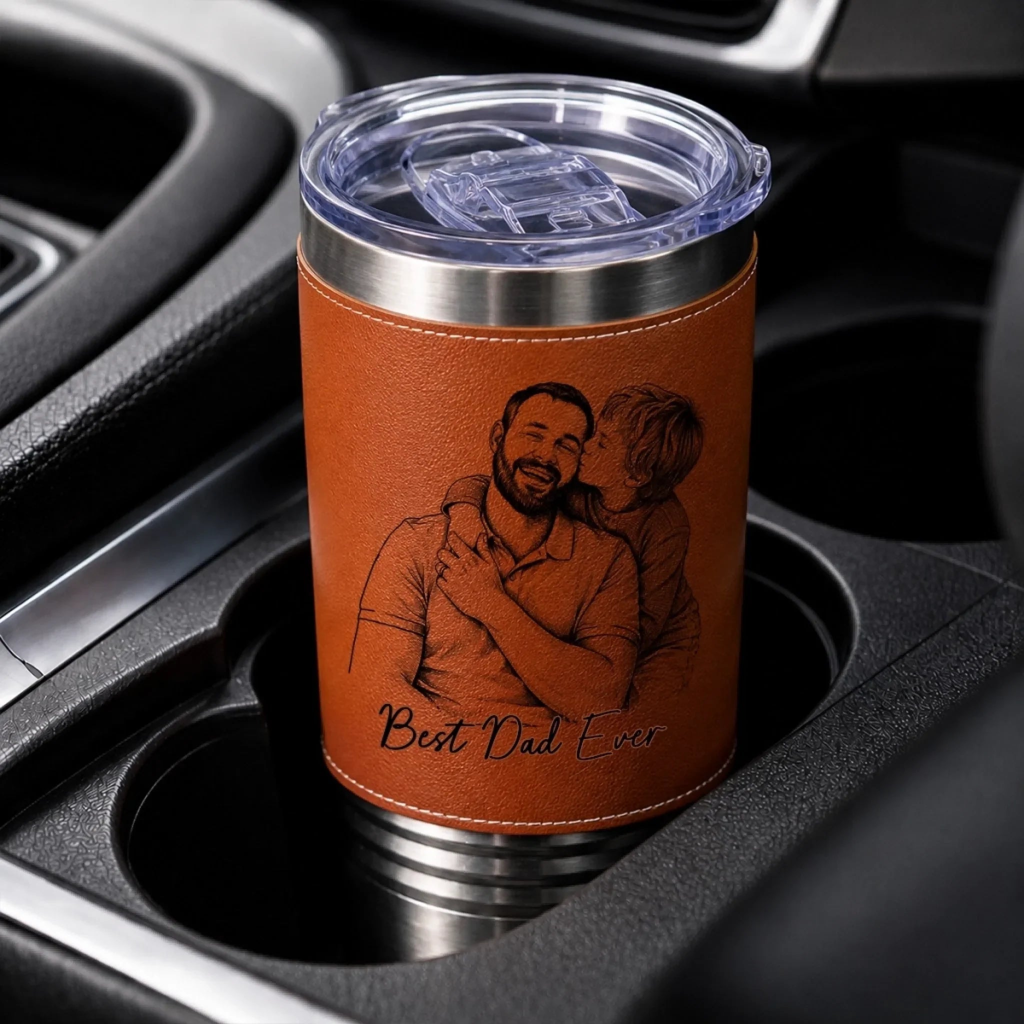 Custom Photo Printed Leather Tumbler - Personalized Father's Day Birthday Gifts For Dad, Grandpa - Faith Family Fatherhood