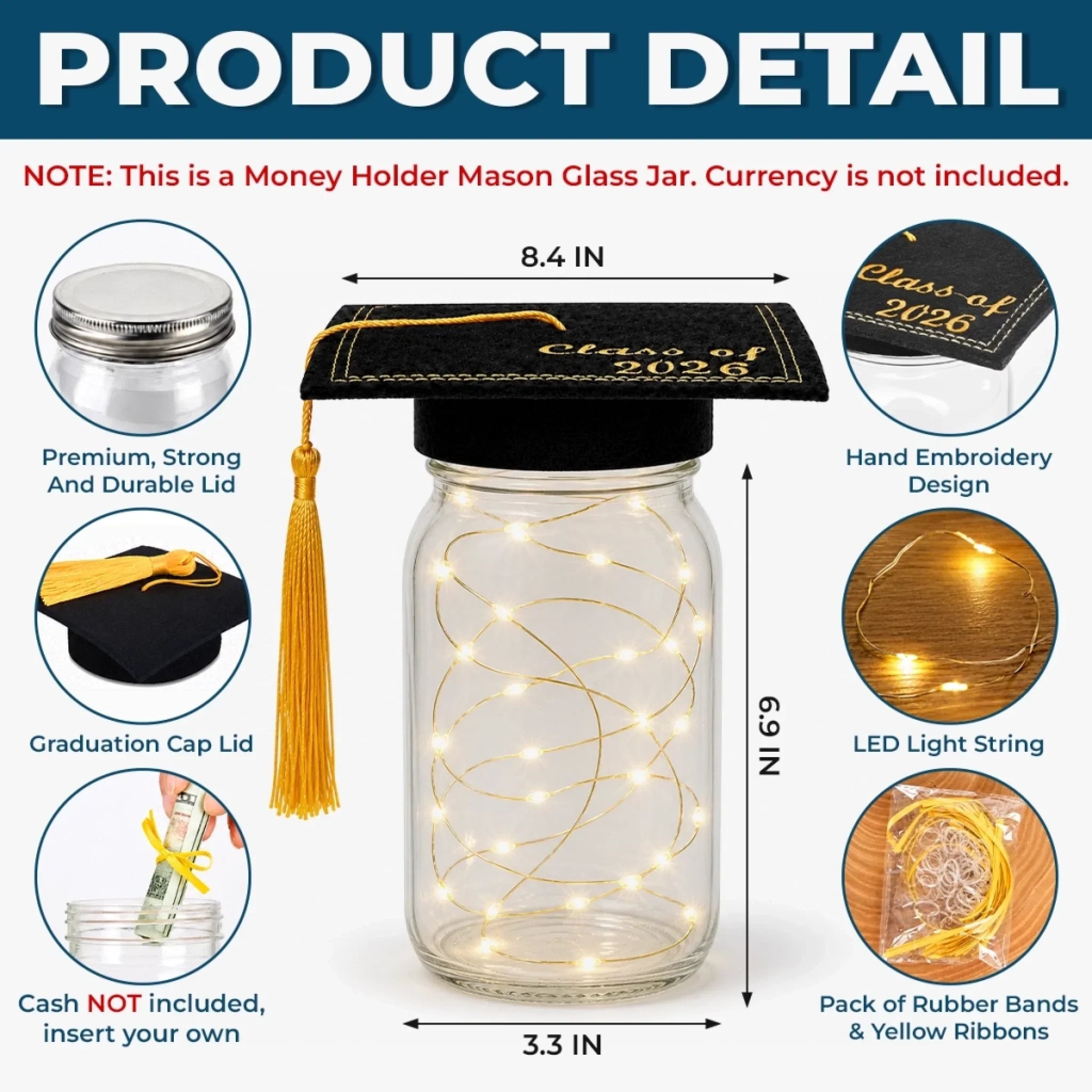 Custom Money Holder Mason Jar Light - Personalized Graduation Gifts For Son, Daughter - Forever Proud, Forever Lit