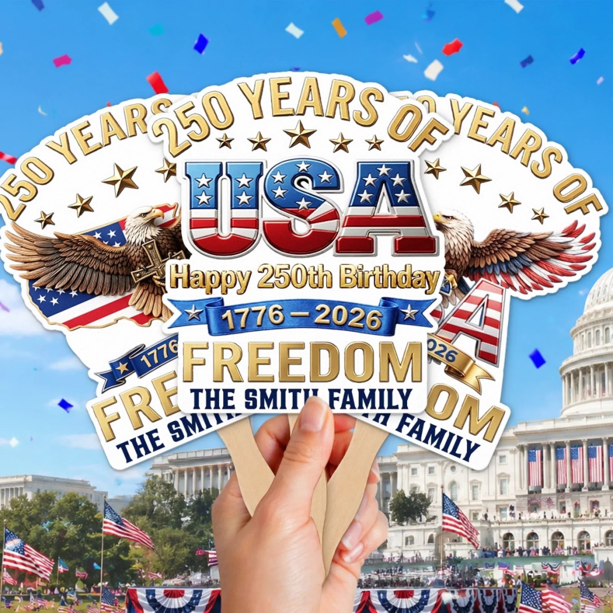 Custom Hand Fan - Personalized America 250th Anniversary Gifts For Mom, Dad, Brother, Sister, Kids - Celebrating Freedom Coast To Coast