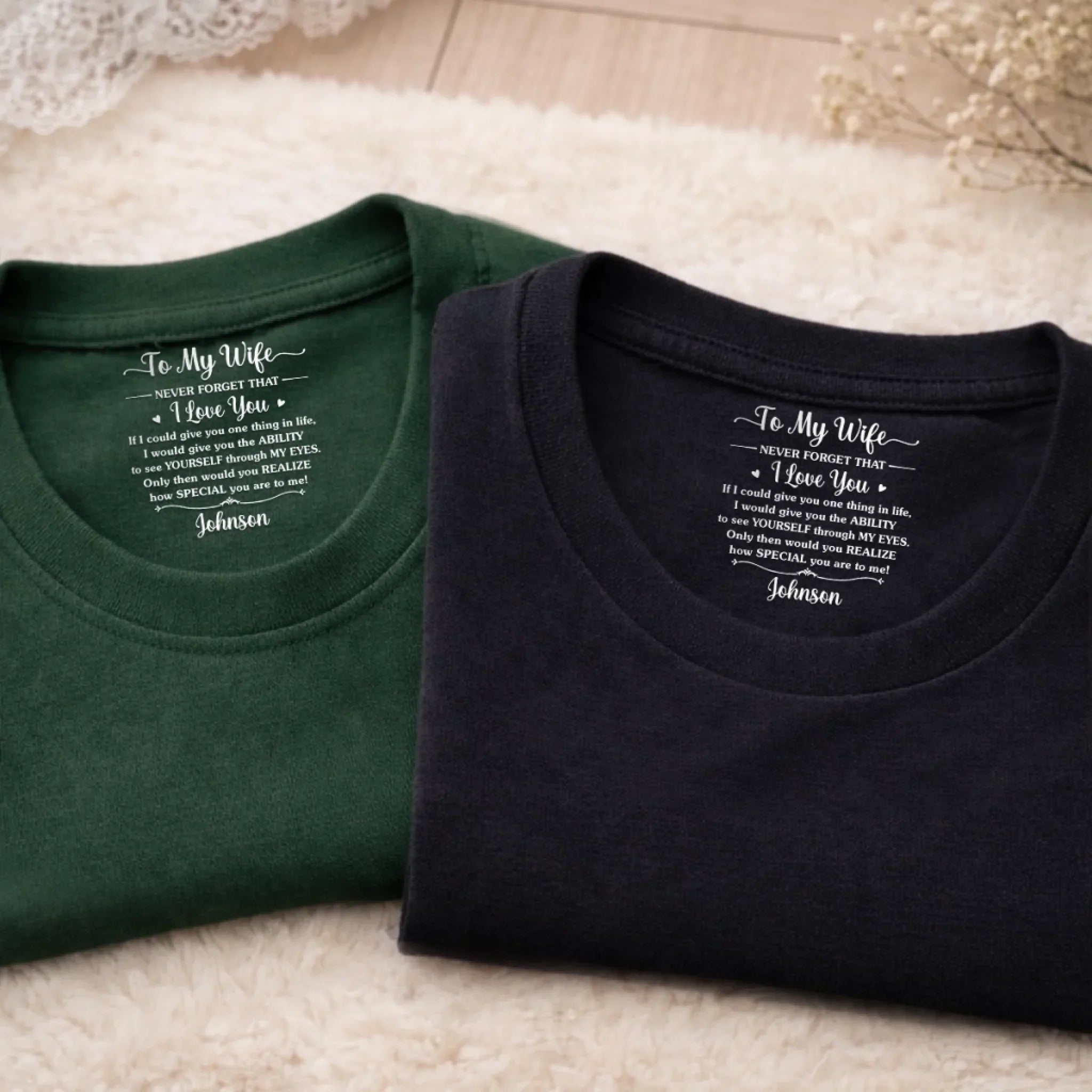 Custom Inside Neck Print T-Shirt - Personalized Anniversary Wedding Gifts For Husband And Wife, Him And Her - Tiny Message, Forever Feeling