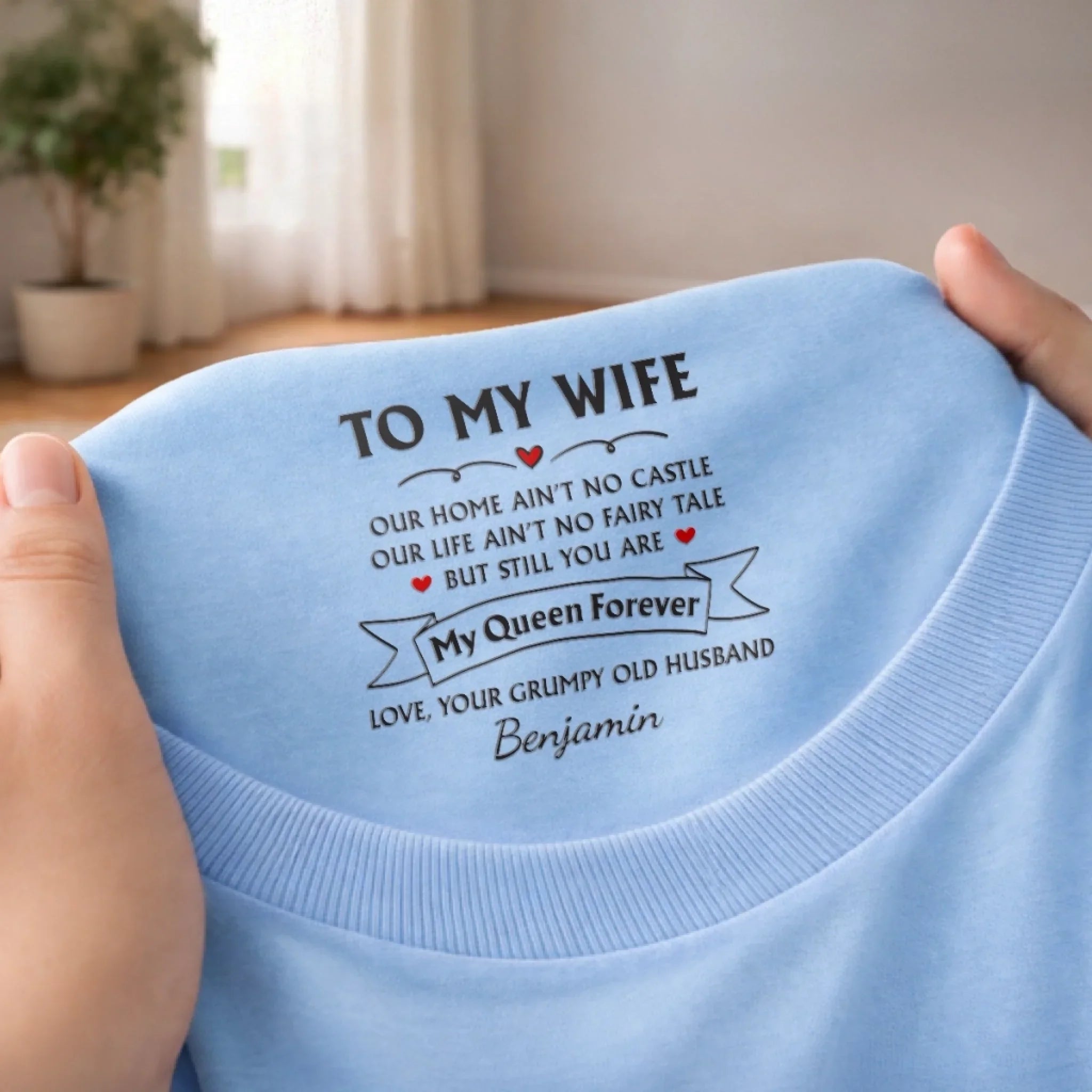 Custom Inside Neck Print T-Shirt - Personalized Anniversary Wedding Gifts For Husband And Wife, Him And Her - Her Favorite Grumpy Guy