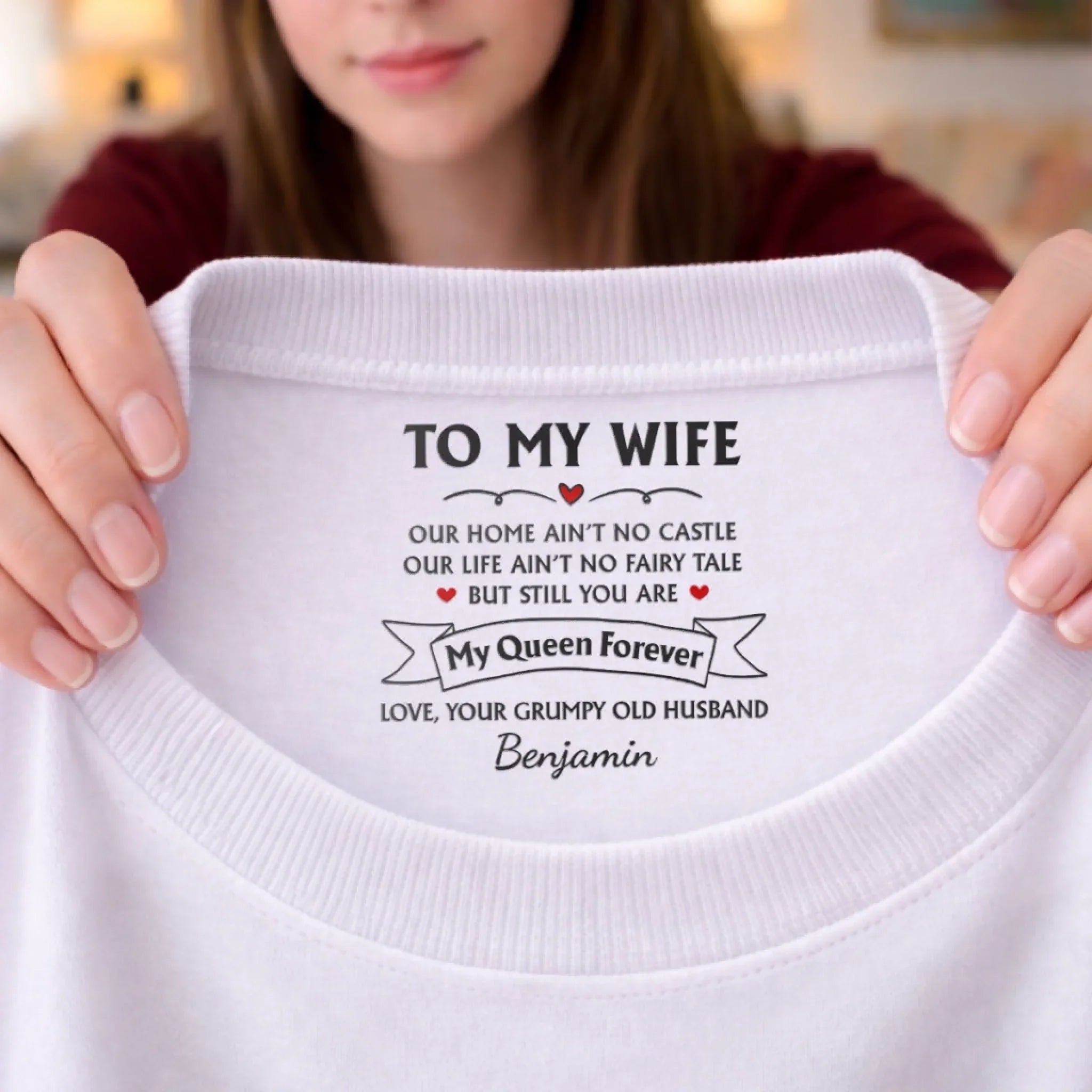 Custom Inside Neck Print T-Shirt - Personalized Anniversary Wedding Gifts For Husband And Wife, Him And Her - Her Favorite Grumpy Guy
