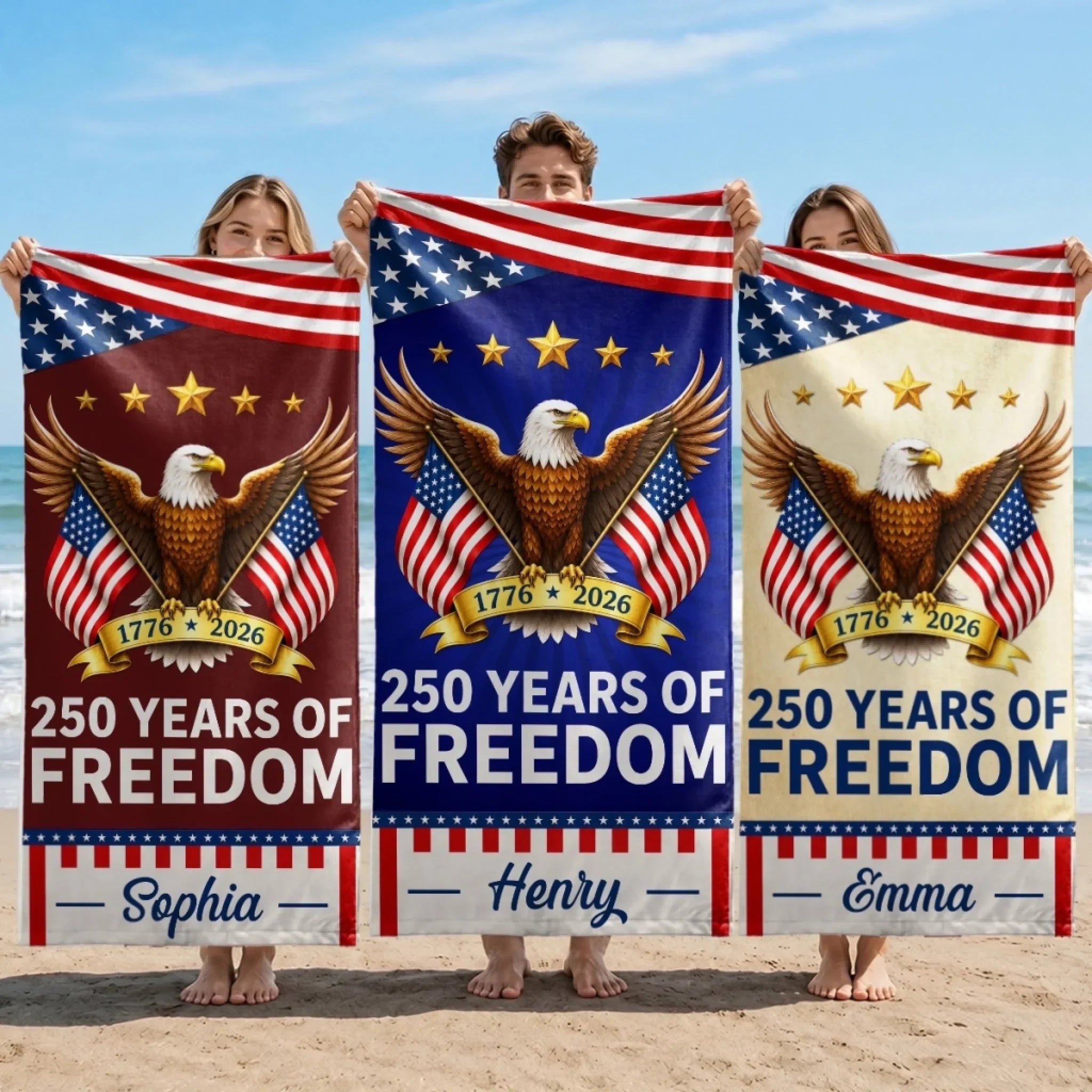 Custom Beach Towel - Personalized America 250th Anniversary Gifts For Mom, Dad, Brother, Sister, Kids - United By Freedom And Pride