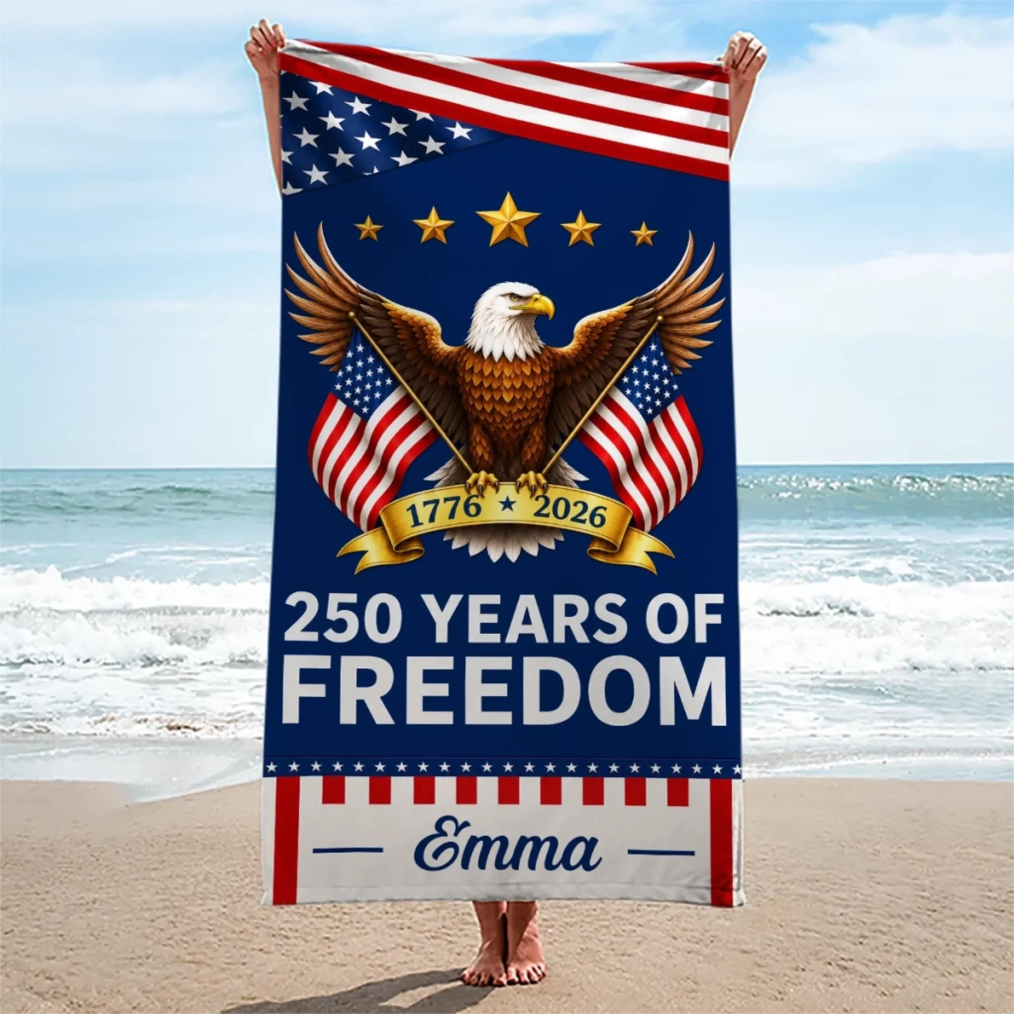 Custom Beach Towel - Personalized America 250th Anniversary Gifts For Mom, Dad, Brother, Sister, Kids - United By Freedom And Pride