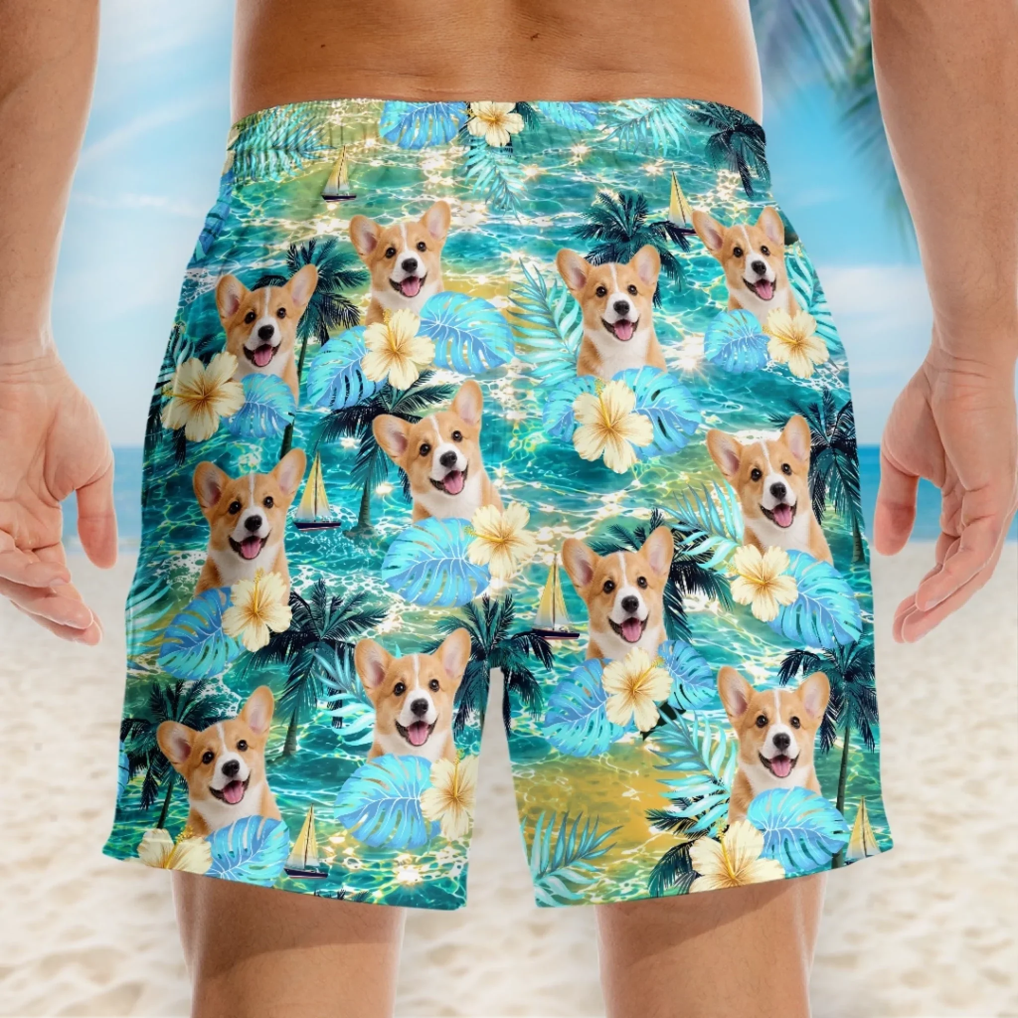 Custom Photo Tropical Hawaiian Aloha Men Beach Shorts - Personalized Summer Vacation And Travel Gifts For Dog Cat Lovers, Dog Dad And Mom, Cat Owners - Poolside Paws And Island Breeze
