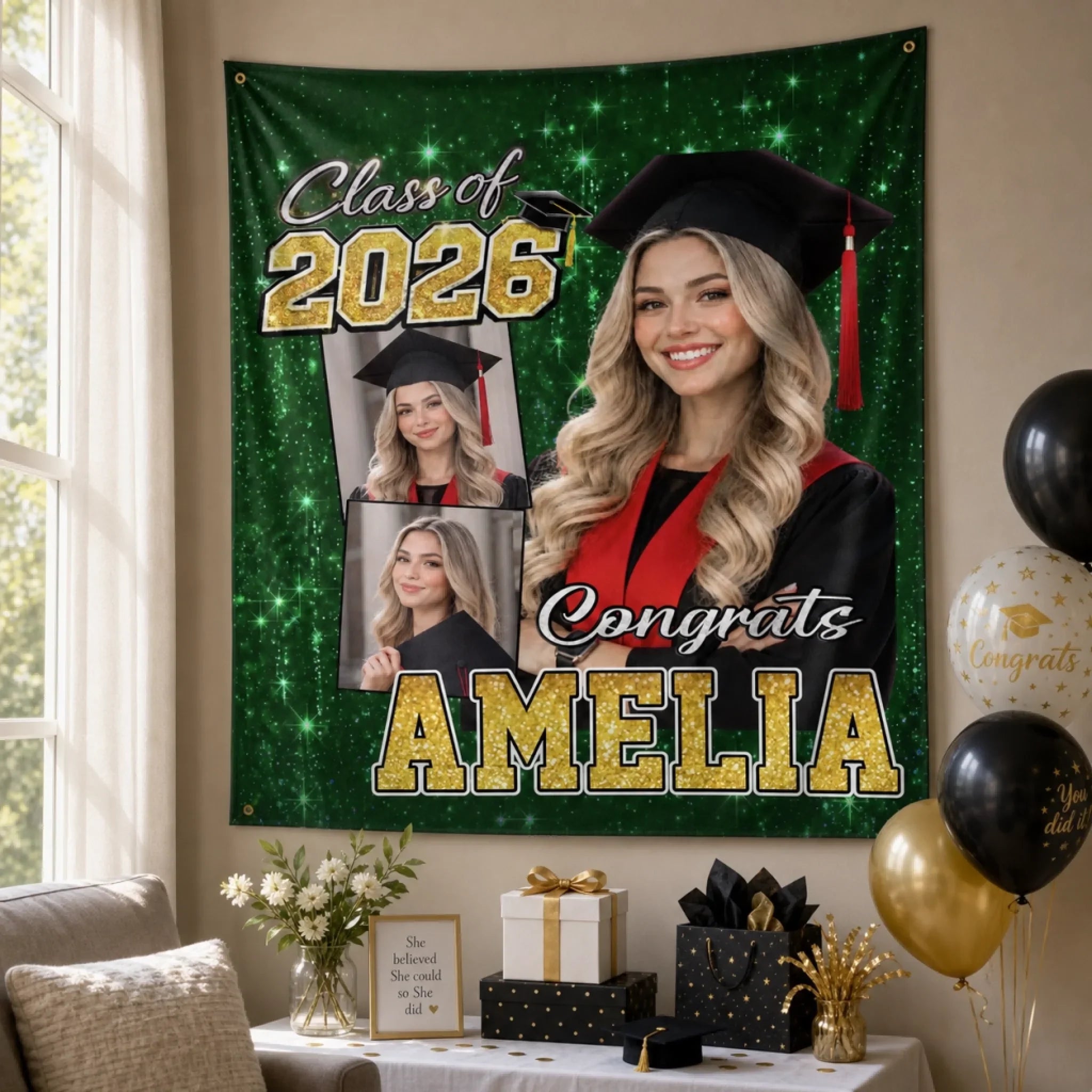 Custom Photo Backdrop - Personalized Graduation Gifts For Him, Her - Congrats Never Looked This Glam