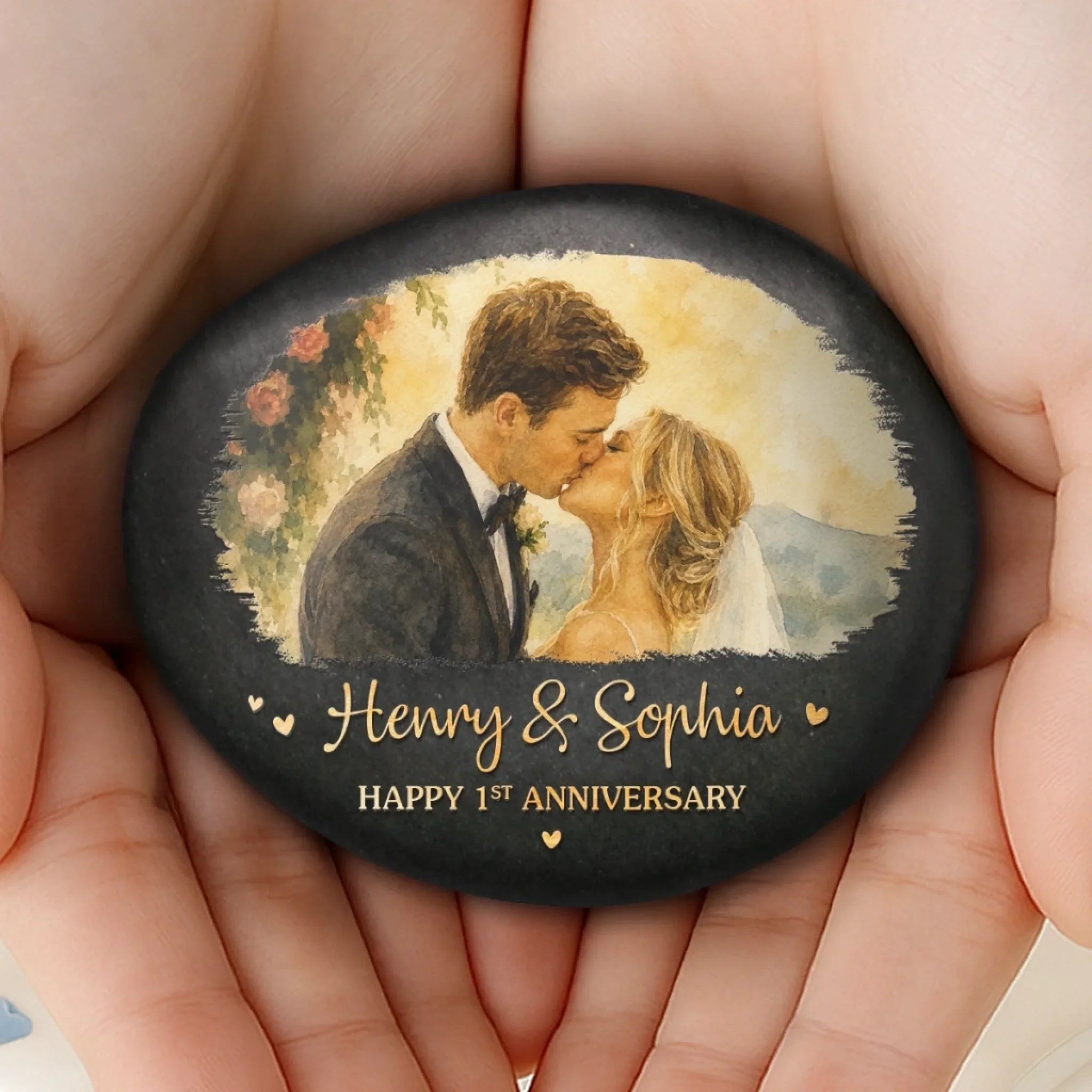 Custom Photo Printed Rock - Personalized Anniversary Wedding Gifts For Husband And Wife, Him And Her - Wedding Kiss, Anniversary Bliss