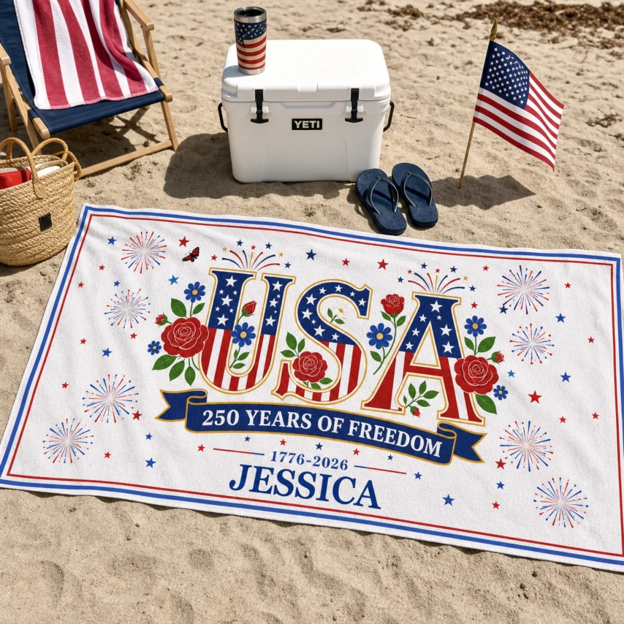 Custom Beach Towel - Personalized America 250th Anniversary, Summer Vacation And Travel Gifts For Mom, Dad, Brother, Sister, Kids - Stars, Stripes And Tan Lines