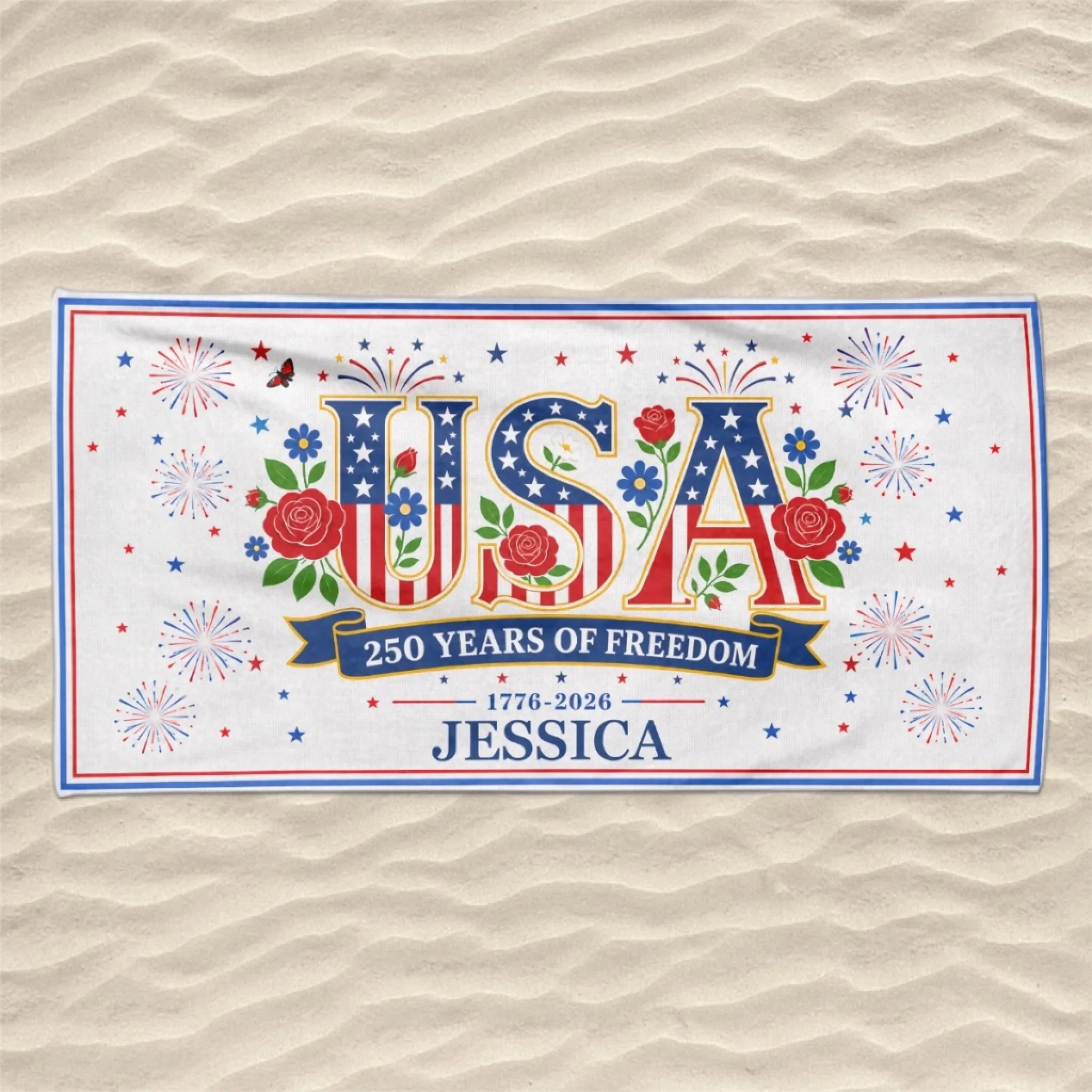 Custom Beach Towel - Personalized America 250th Anniversary, Summer Vacation And Travel Gifts For Mom, Dad, Brother, Sister, Kids - Stars, Stripes And Tan Lines