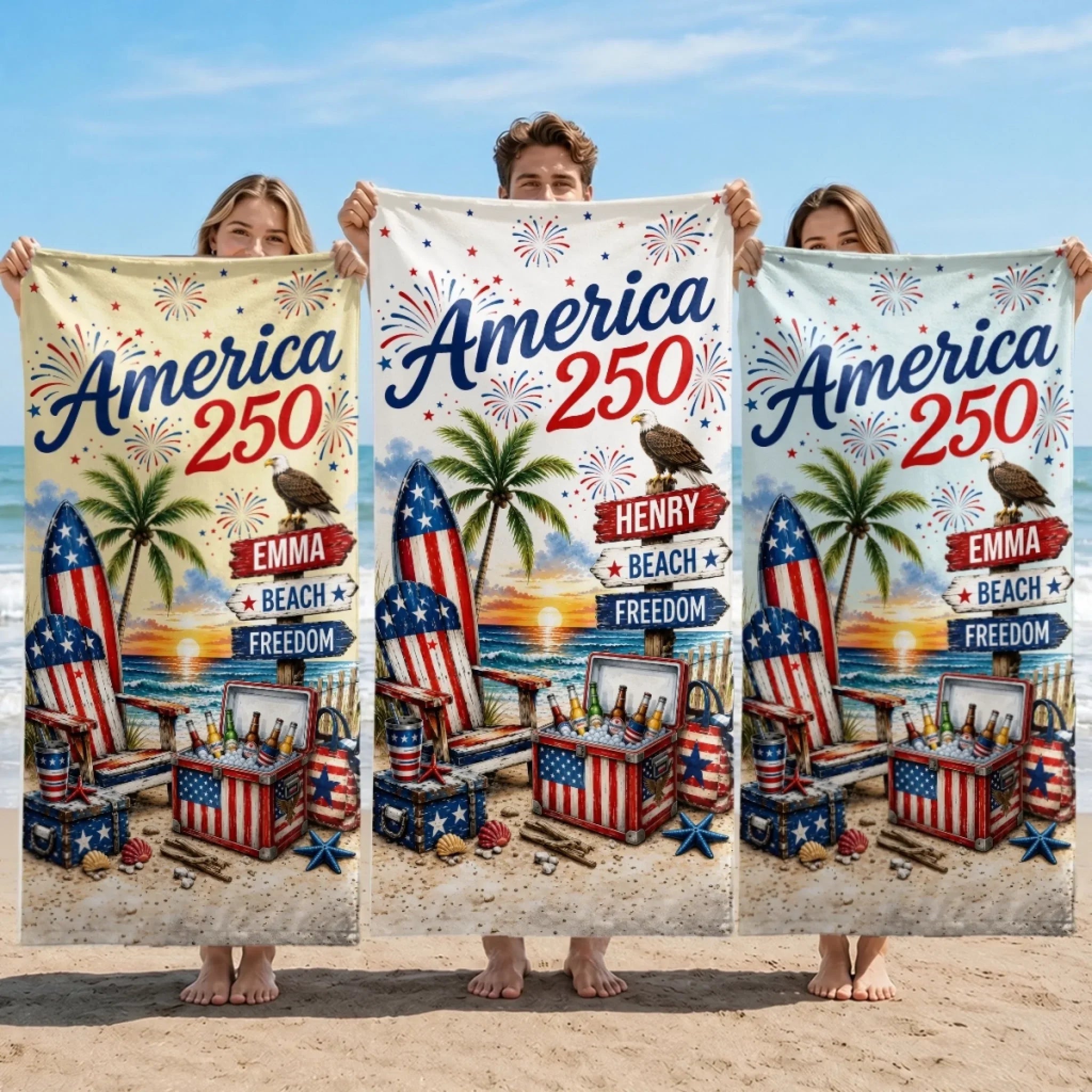 Custom Beach Towel - Personalized America 250th Anniversary, Summer Vacation And Travel Gifts For Mom, Dad, Brother, Sister, Kids - Stars Stripes And Proud Hearts