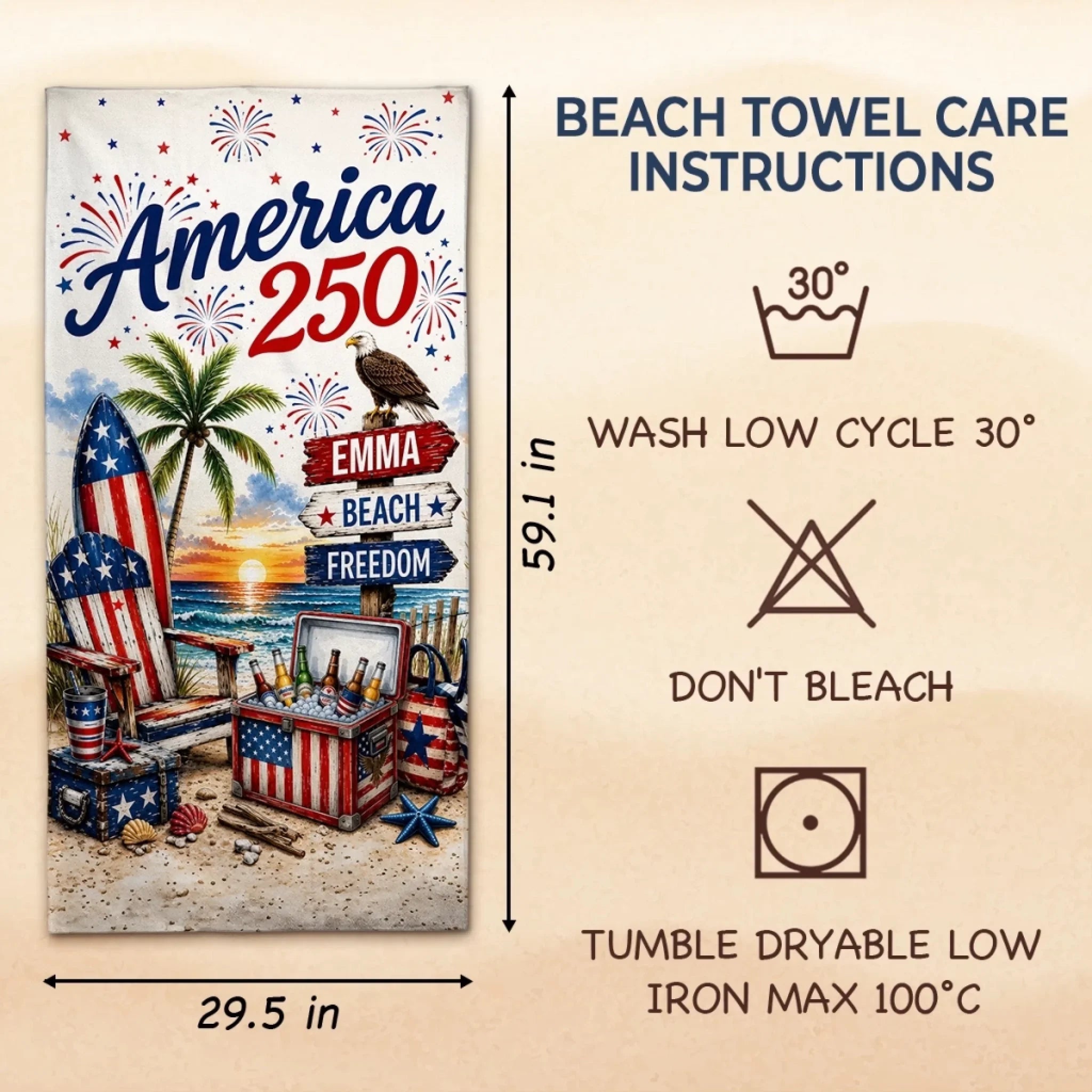 Custom Beach Towel - Personalized America 250th Anniversary, Summer Vacation And Travel Gifts For Mom, Dad, Brother, Sister, Kids - Stars Stripes And Proud Hearts