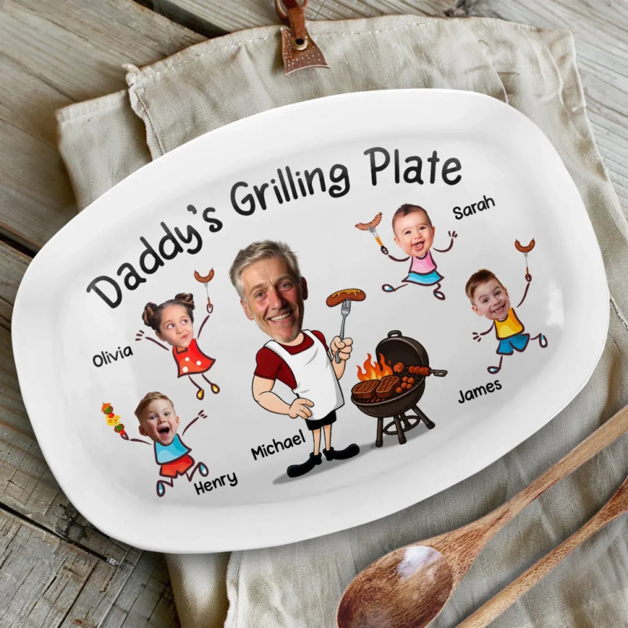 Custom Photo Serving Up Love, One BBQ At A Time - Family Personalized Custom Platter - Father's Day, Gift For Dad, Grandpa