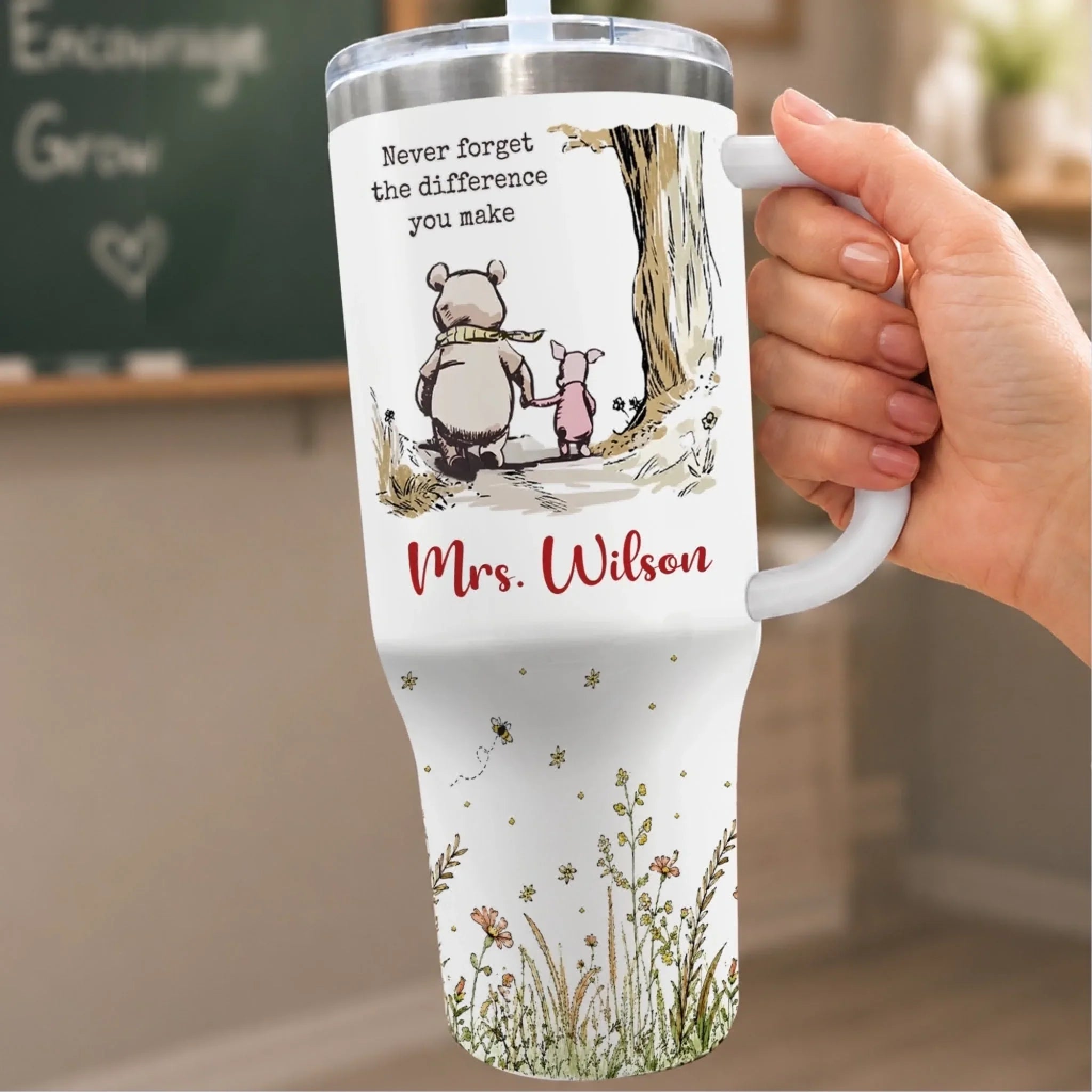 Custom 40 Oz Stainless Steel Tumbler With Handle - Personalized Birthday Gifts For Teachers - With Heart And Gratitude