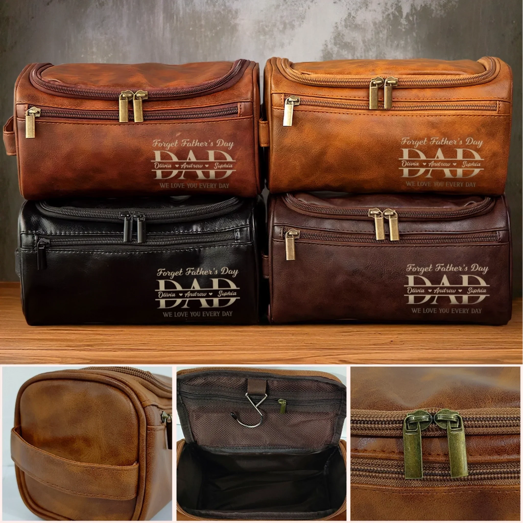 Custom Engraved Leather Toiletry Bag - Personalized Father's Day Birthday Gifts For Dad, Grandpa - Forever Thankful For Dad’s Love