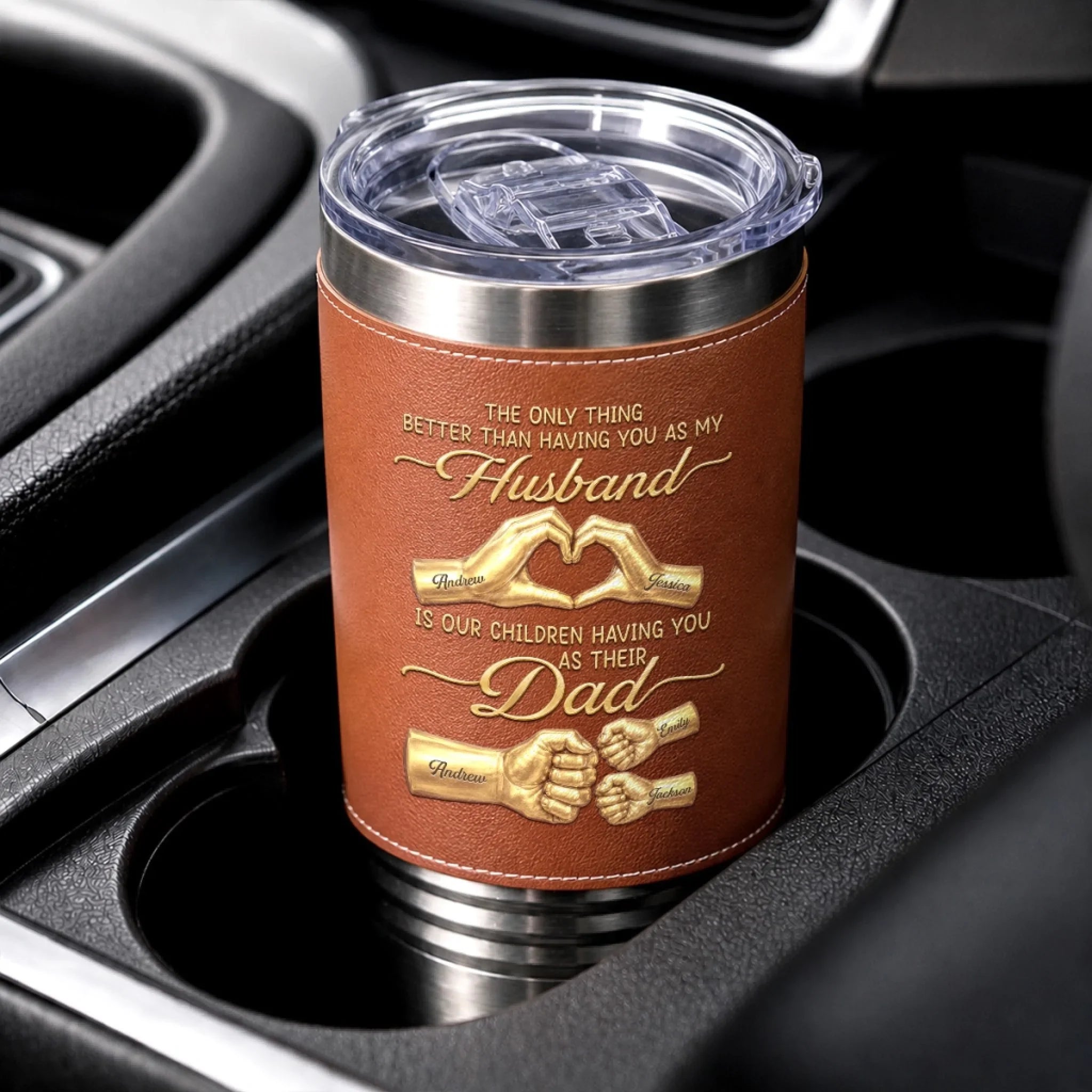Custom Printed Leather Tumbler - Personalized Father's Day Birthday Gifts For Dad, Grandpa - Forever Grateful For Dad