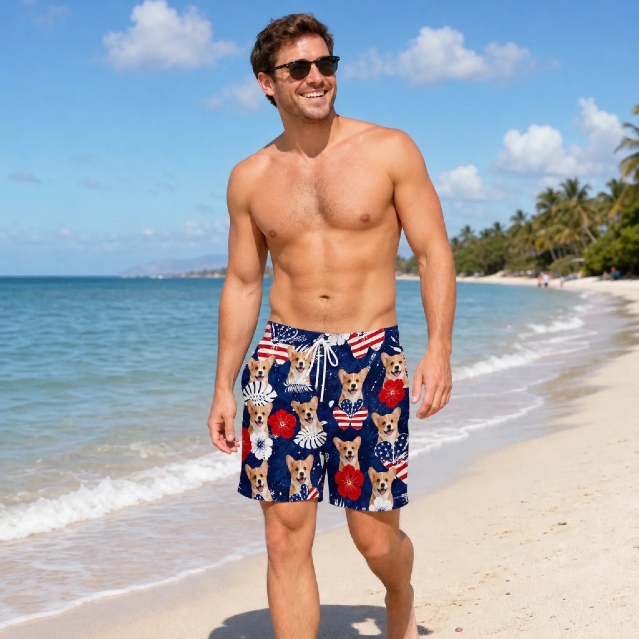 Custom Photo Tropical Hawaiian Aloha Men Beach Shorts - Personalized Summer Vacation And Travel Gifts For Dog Cat Lovers, Dog Dad And Mom, Cat Owners - Patriotic Pups All Summer Long