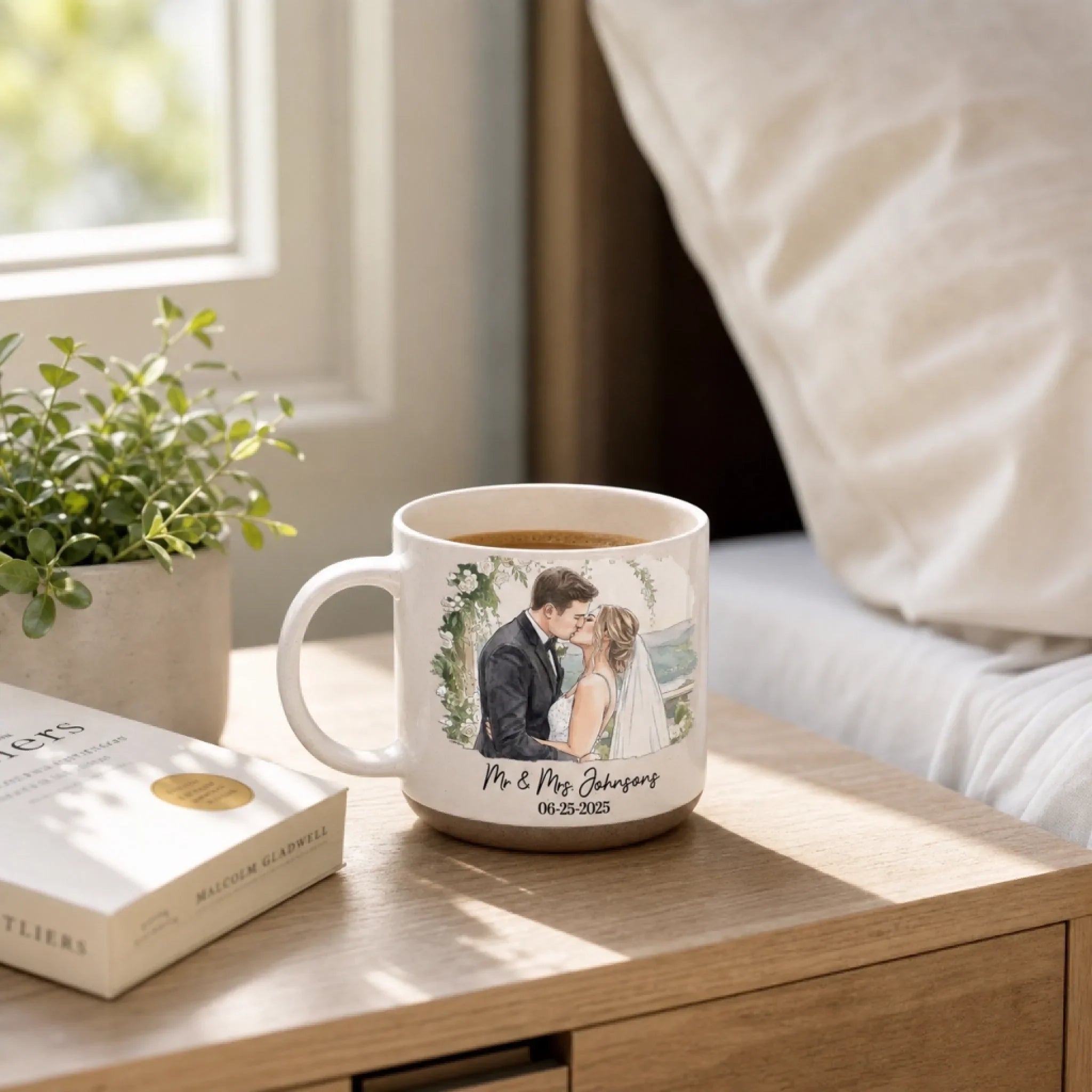 Custom Photo Printed Pottery Mug - Personalized Anniversary Wedding Gifts For Husband And Wife, Him And Her - First Kiss, Forever Sips