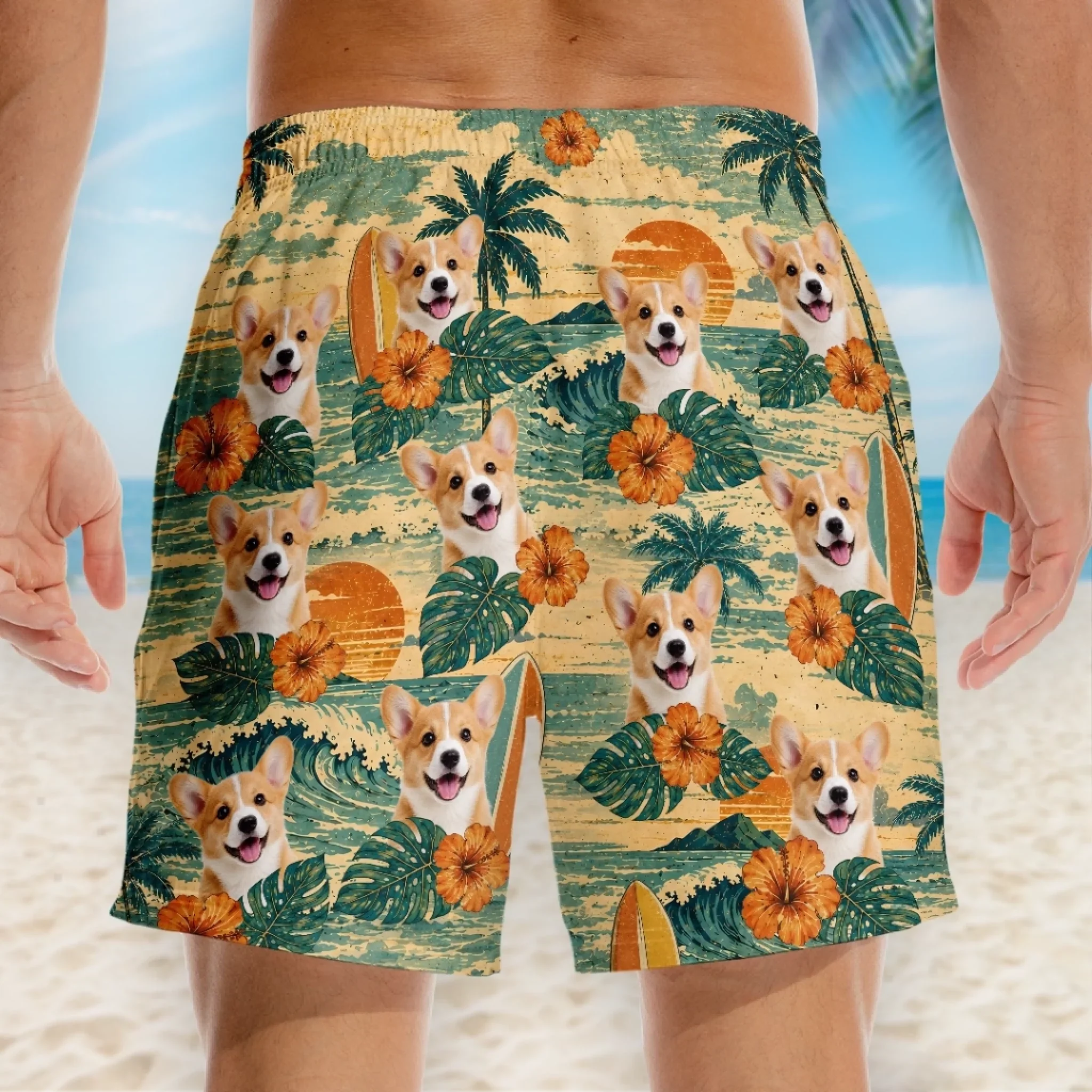 Custom Photo Tropical Hawaiian Aloha Men Beach Shorts - Personalized Summer Vacation And Travel Gifts For Dog Cat Lovers, Dog Dad And Mom, Cat Owners - Golden Hour, Golden Pups